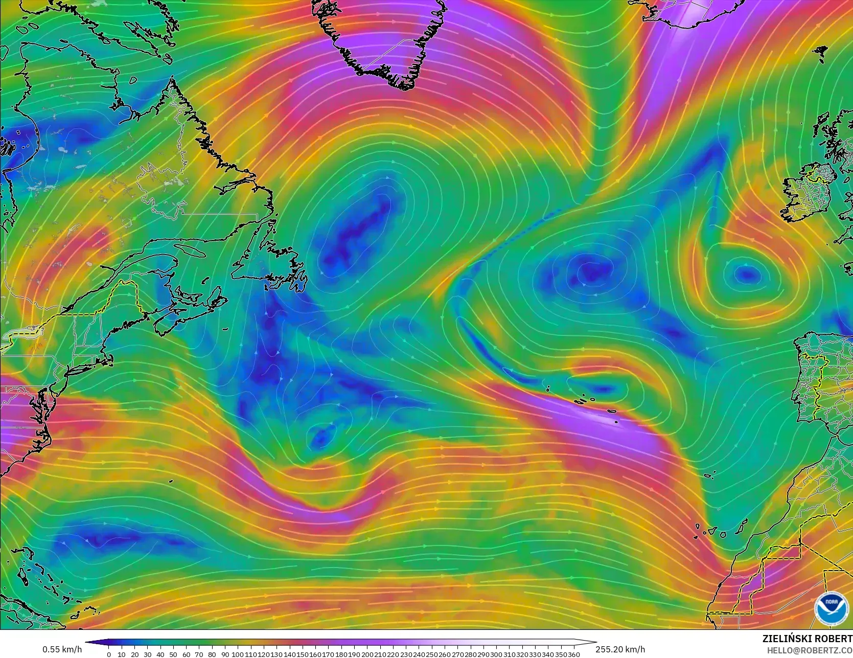 GFS modelo - Atlântico Norte, Vento a 300 hPa (corrente em jato)