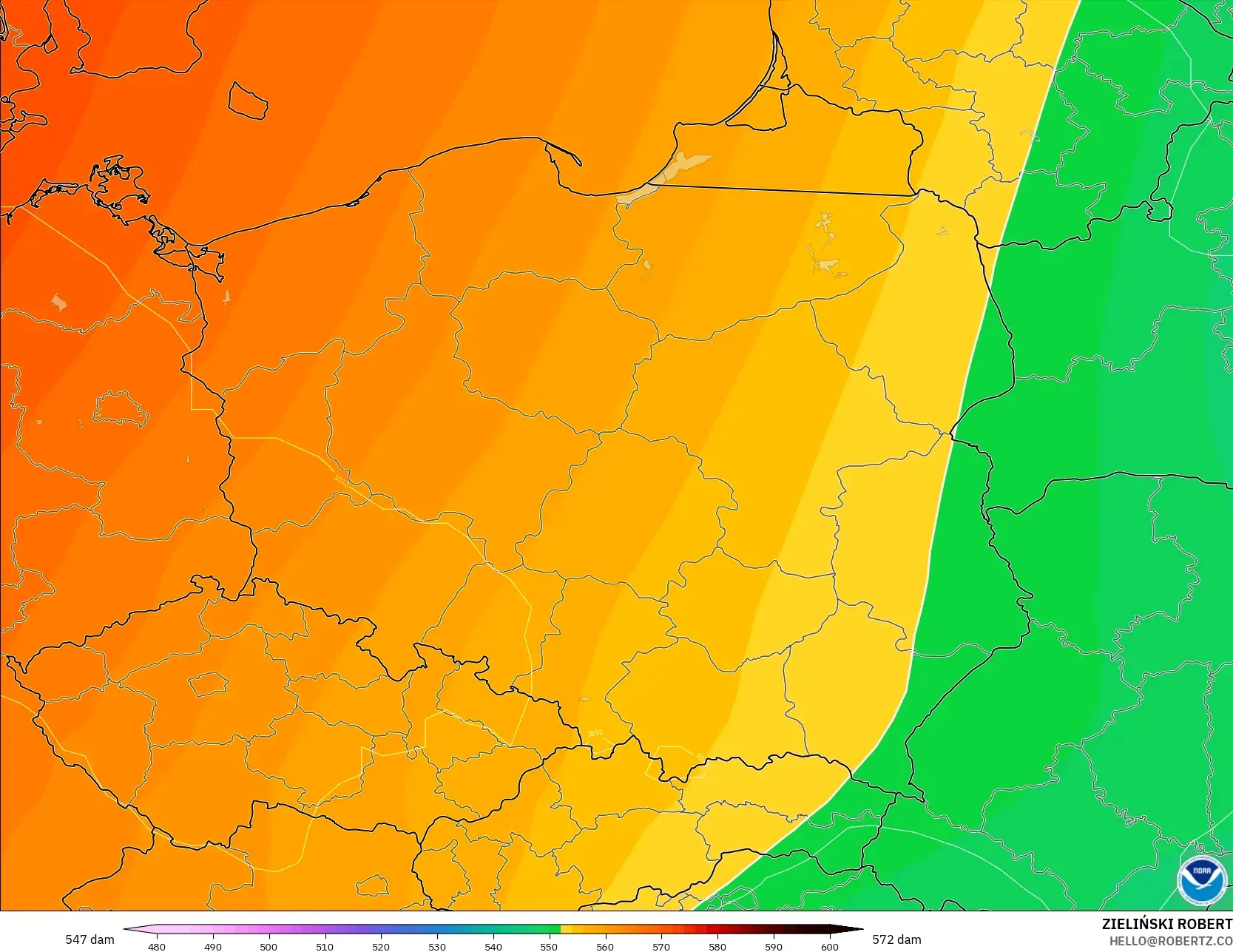 GFS modelo - Polônia, Altura geopotencial a 500 hPa