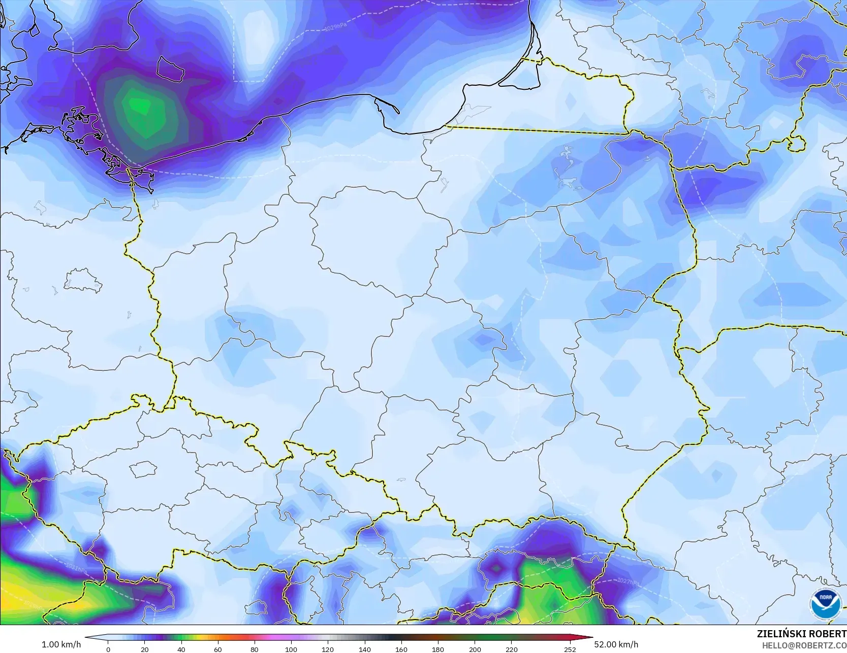GFS modelo - Polônia, Rajadas de vento