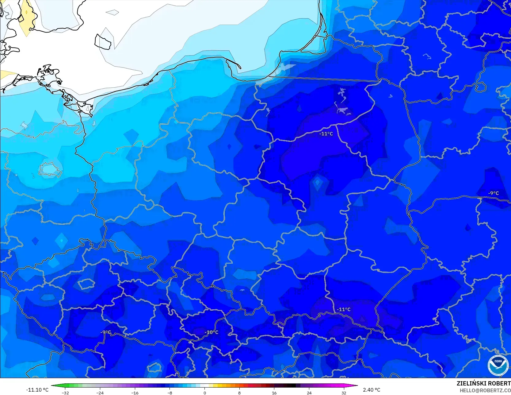 GFS modelo - Polônia, Anomalia de temperatura a 2 m