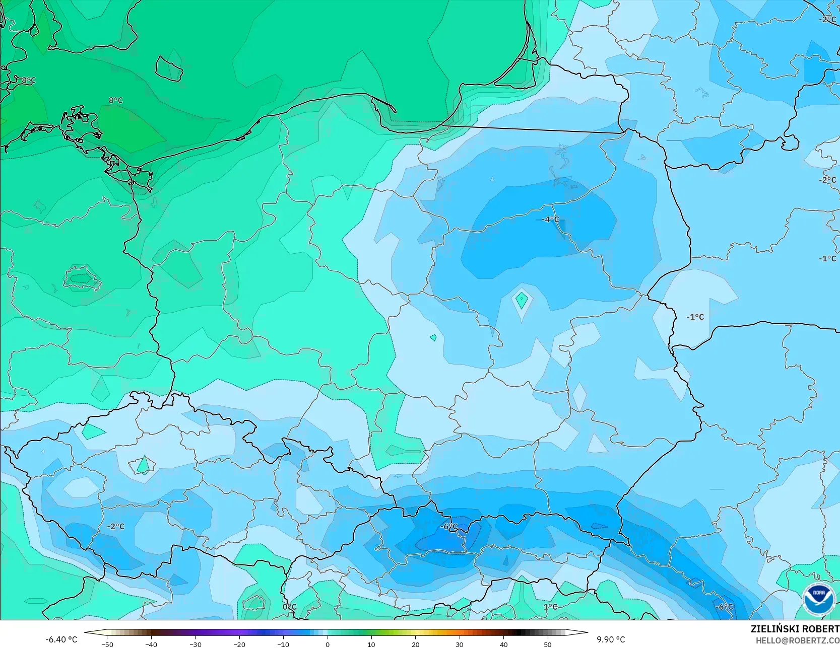 GFS modelo - Polônia, Temperatura a 2 m