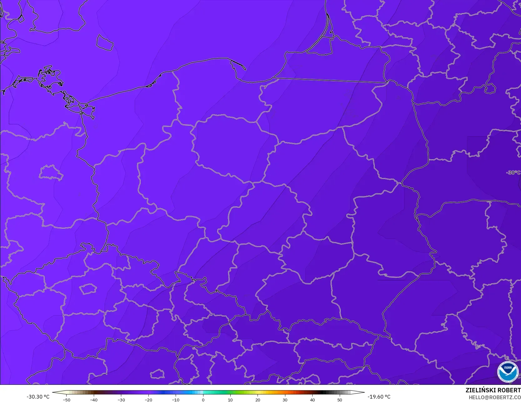 GFS modelo - Polônia, Temperatura a 500 hPa
