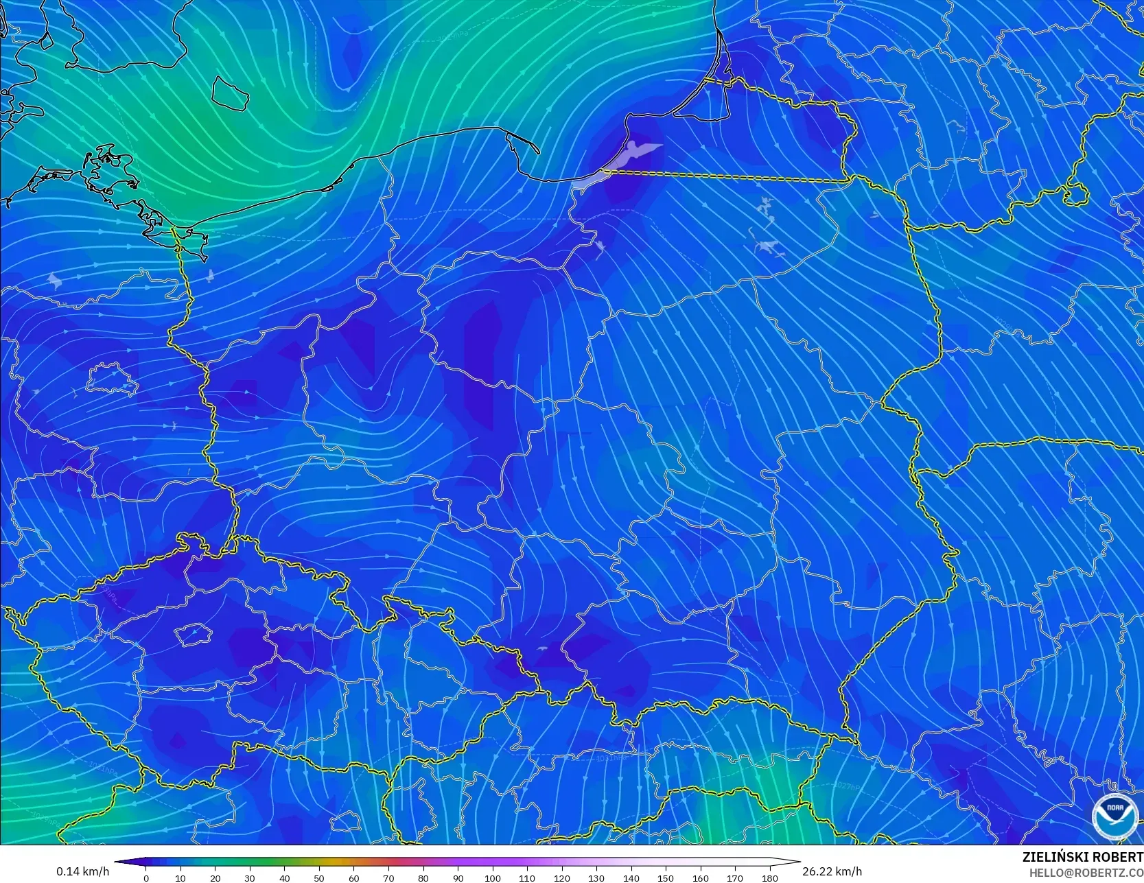 GFS modelo - Polônia, Vento a 10 m