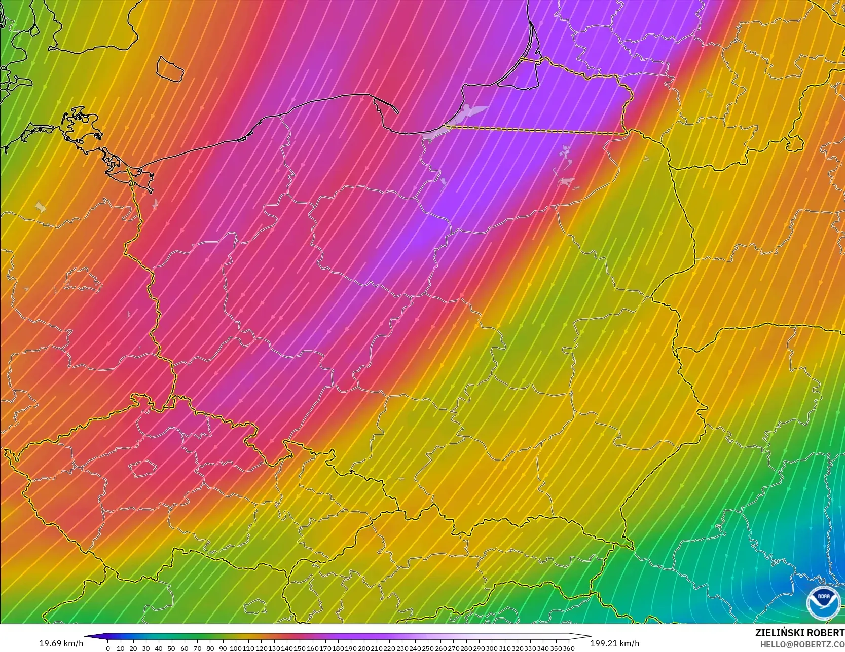 GFS modelo - Polônia, Vento a 300 hPa (corrente em jato)