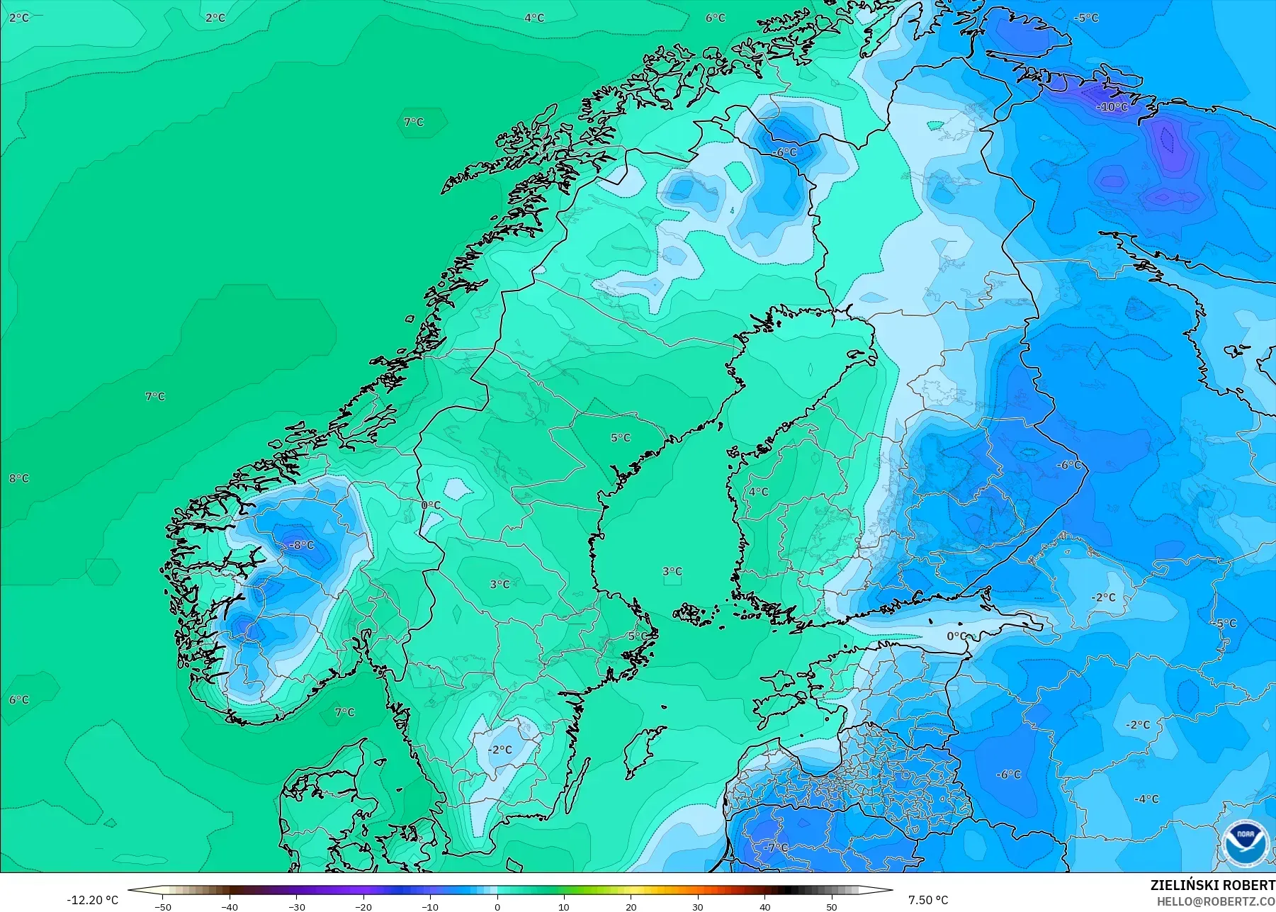 GFS modelo - Escandinávia, Ponto de orvalho a 2 m