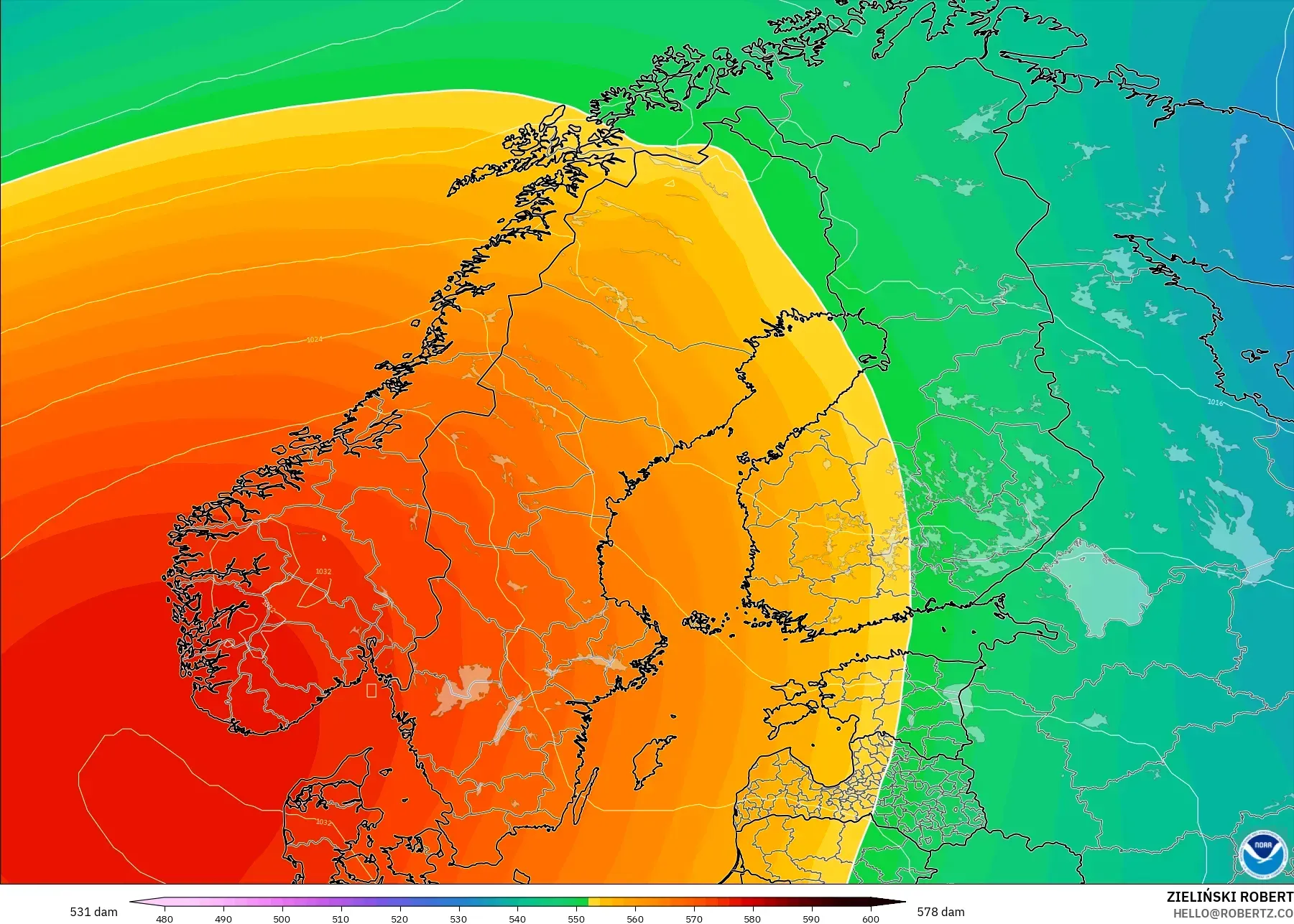 GFS modelo - Escandinávia, Altura geopotencial a 500 hPa