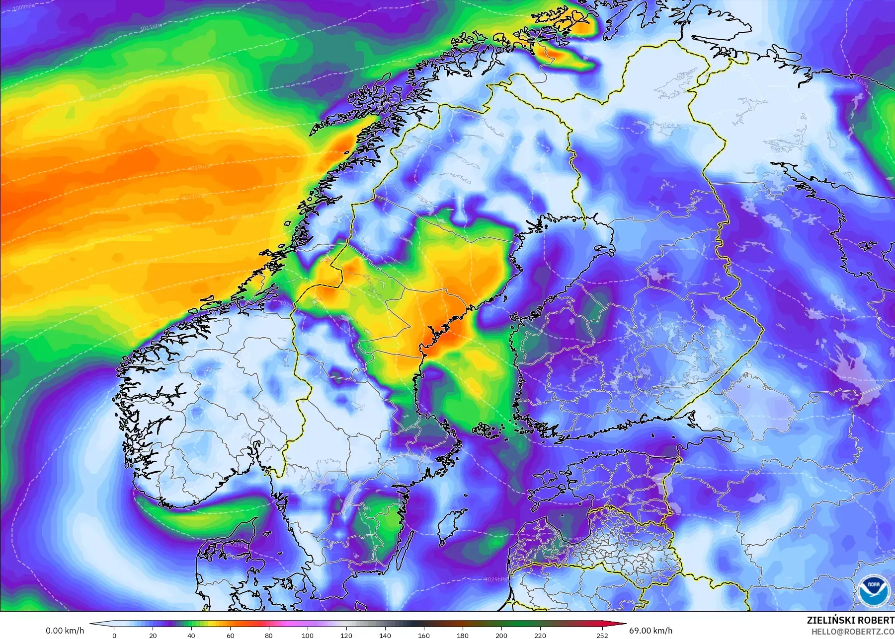 GFS modelo - Escandinávia, Rajadas de Vento Máximas
