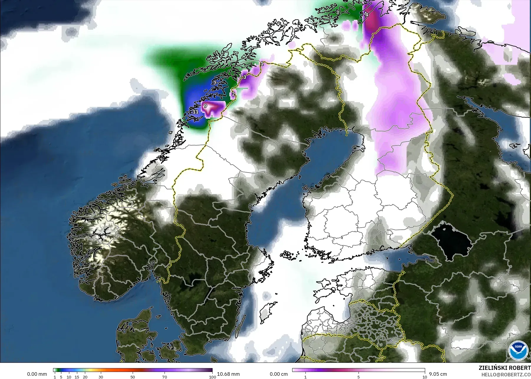 GFS modelo - Escandinávia, Precipitação, nuvens e pressão