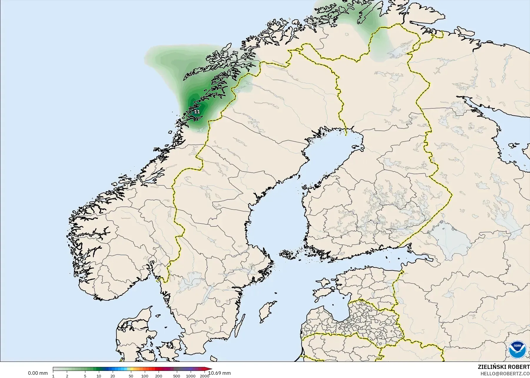 GFS modelo - Escandinávia, Acúmulo de precipitação