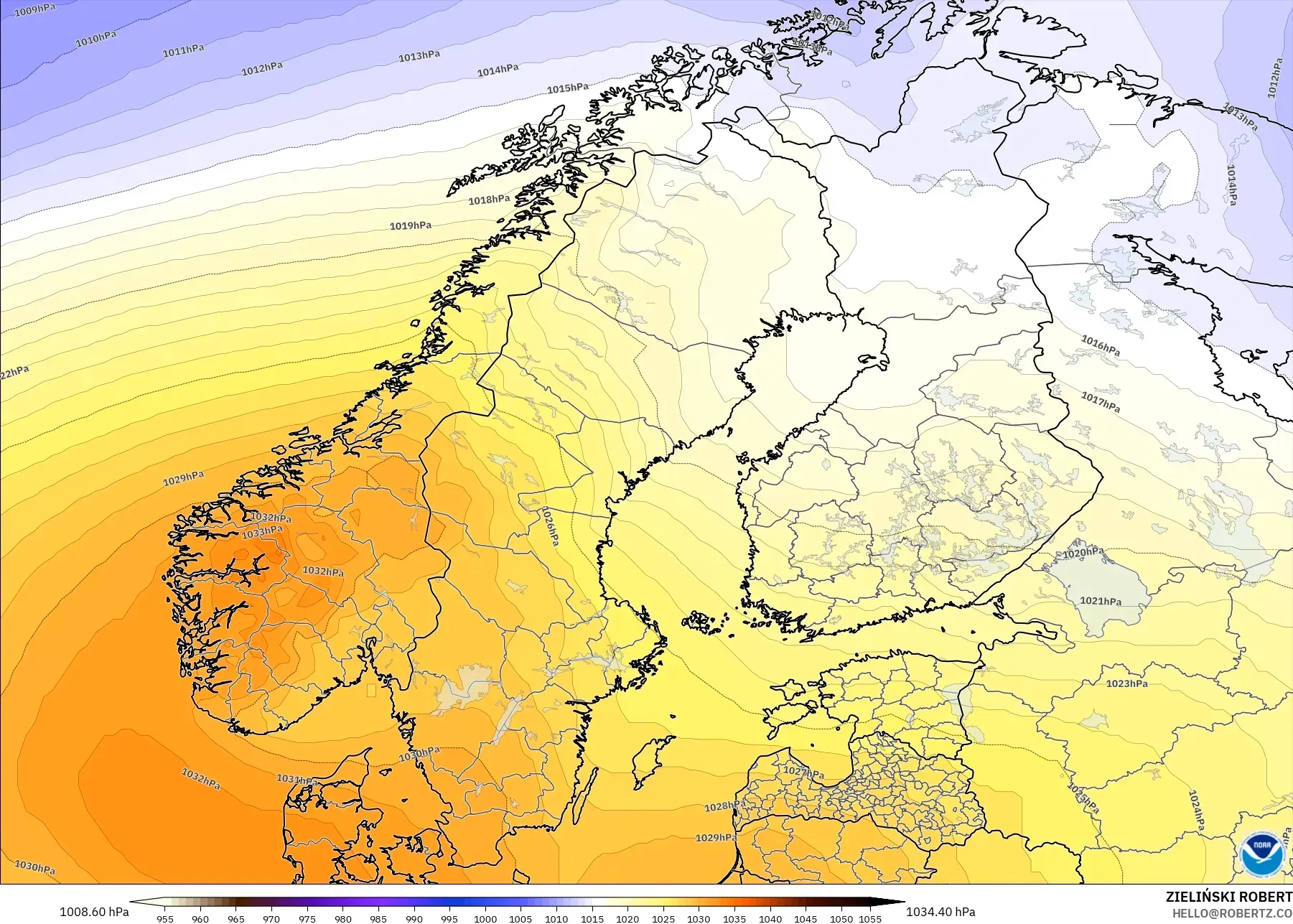 GFS modelo - Escandinávia, Pressão