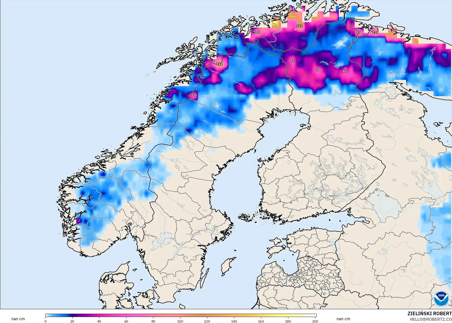 GFS modelo - Escandinávia, Profundidade da neve