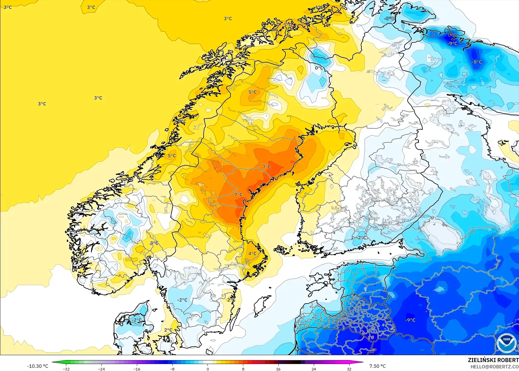 GFS modelo - Escandinávia, Anomalia de temperatura a 2 m