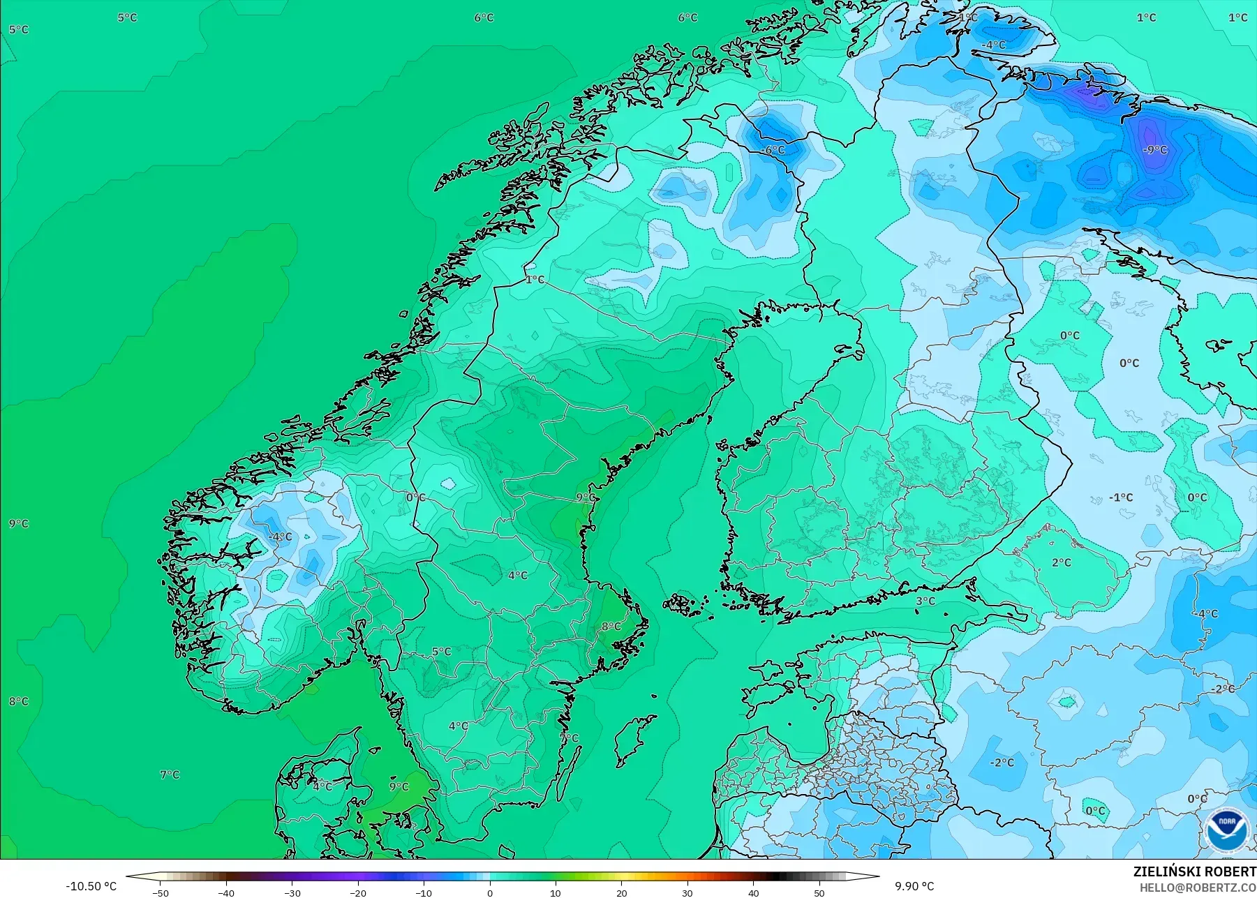GFS modelo - Escandinávia, Temperatura a 2 m