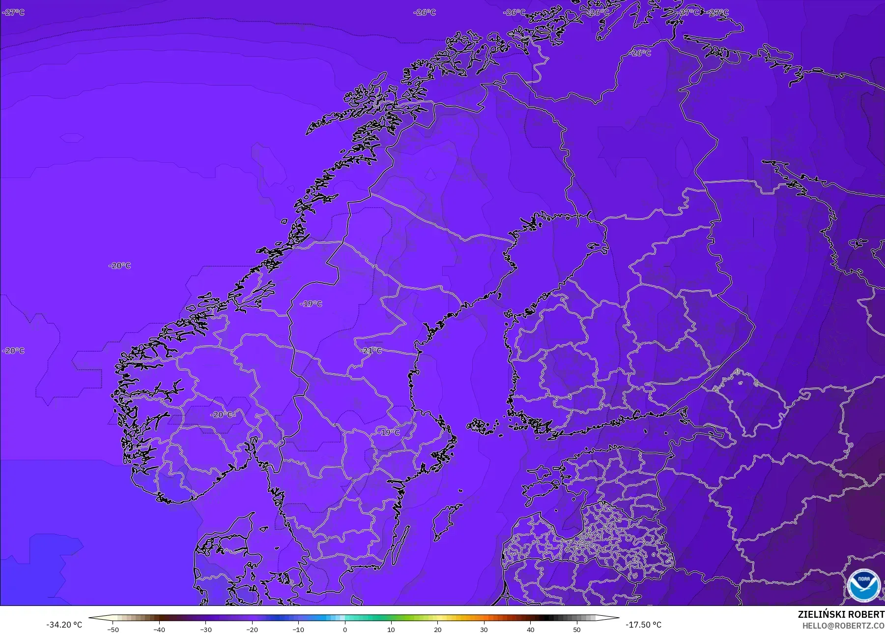 GFS modelo - Escandinávia, Temperatura a 500 hPa