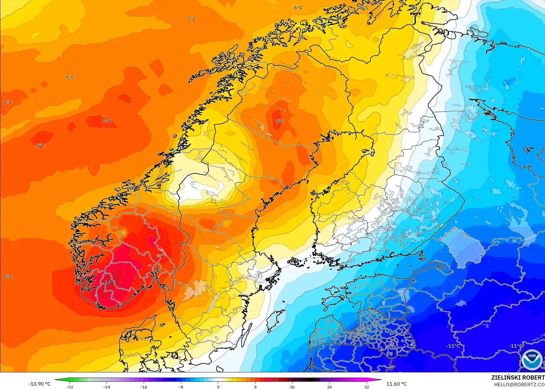 GFS modelo - Escandinávia, Anomalia de temperatura a 850 hPa