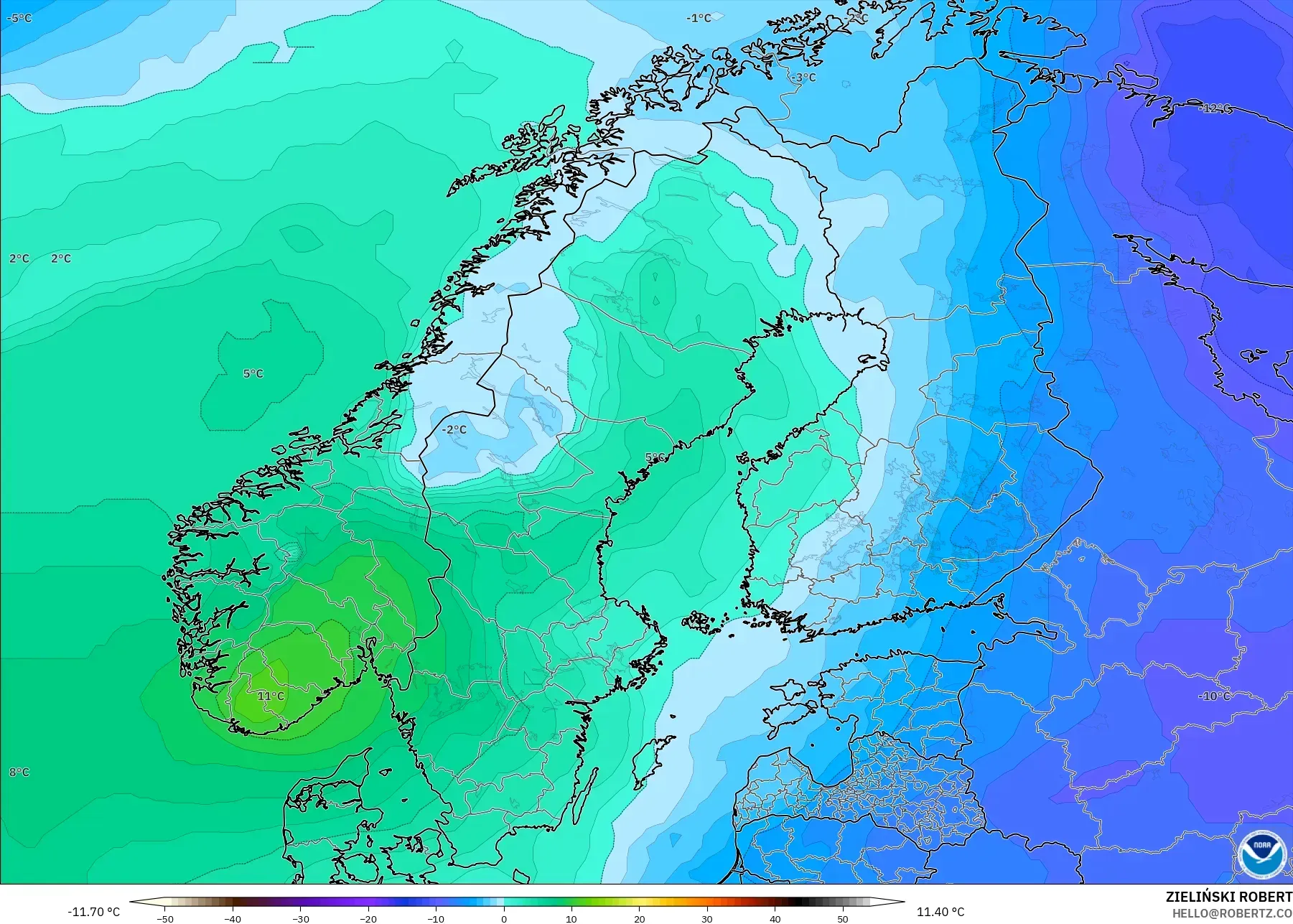 GFS modelo - Escandinávia, Temperatura a 850 hPa