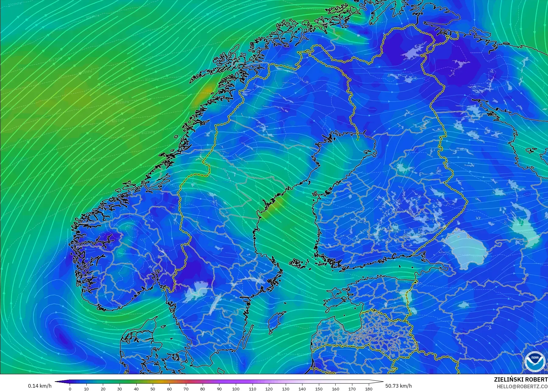 GFS modelo - Escandinávia, Vento a 10 m