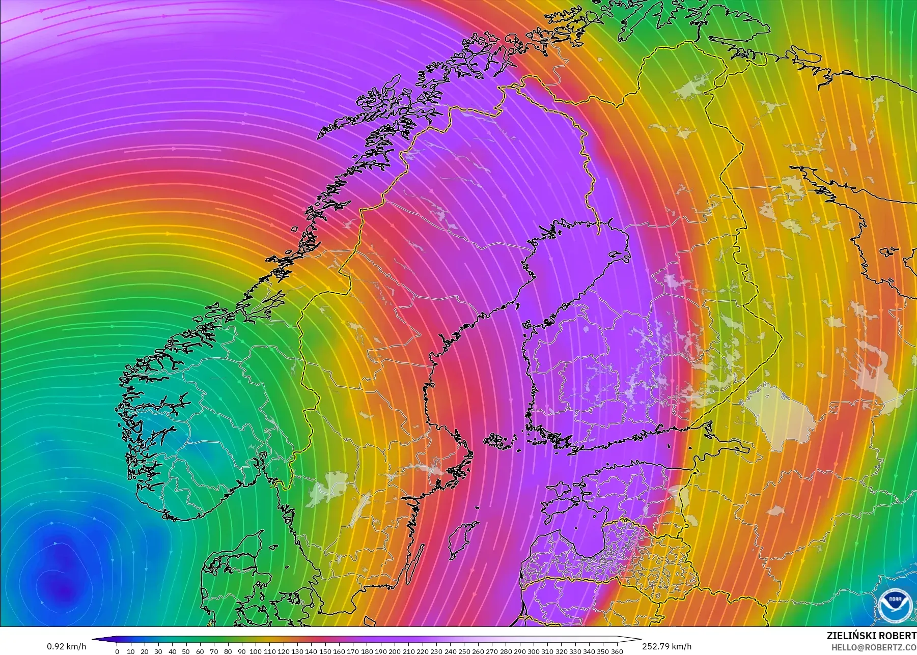 GFS modelo - Escandinávia, Vento a 300 hPa (corrente em jato)