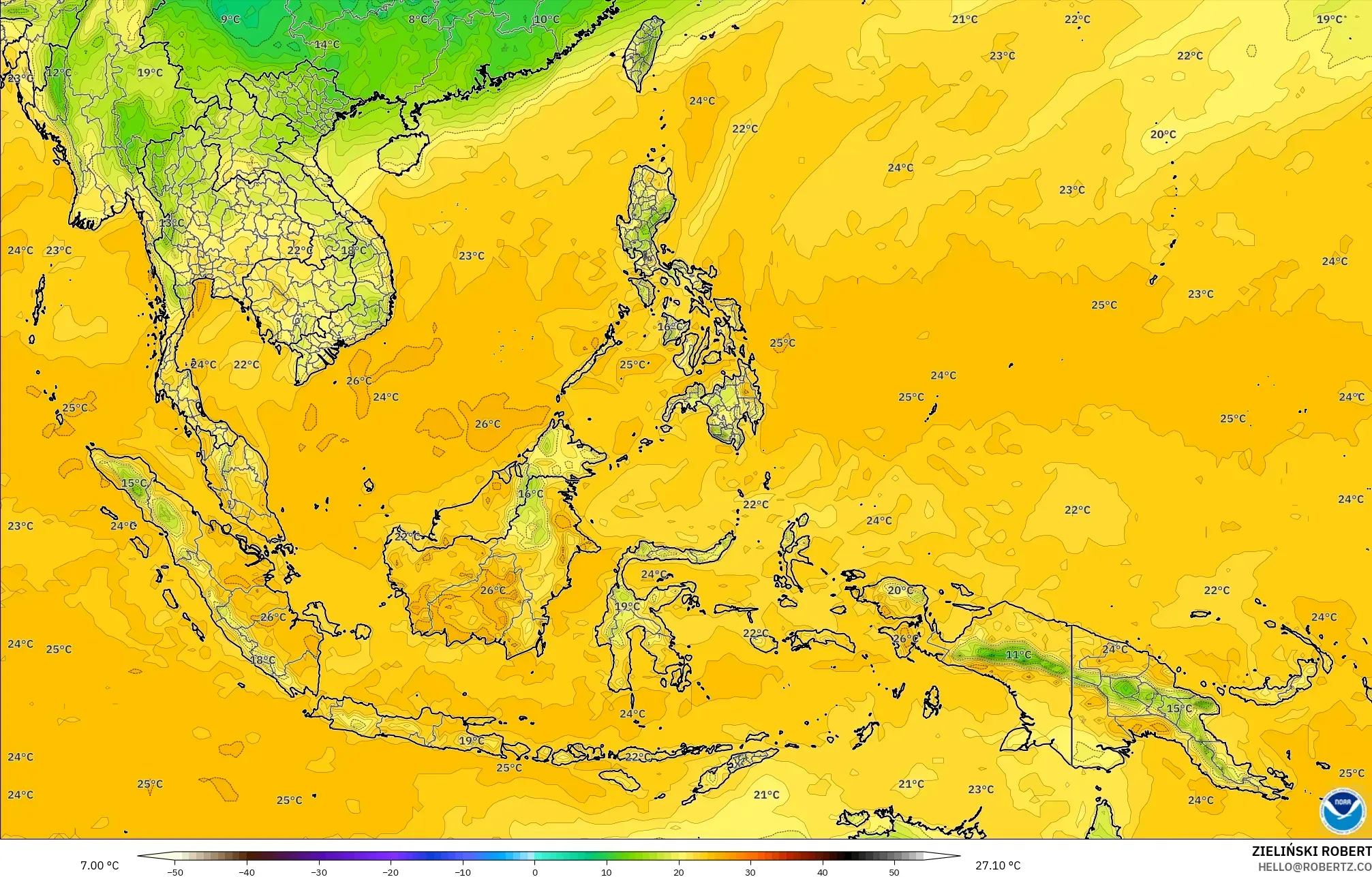 GFS modelo - Sudeste Asiático, Ponto de orvalho a 2 m