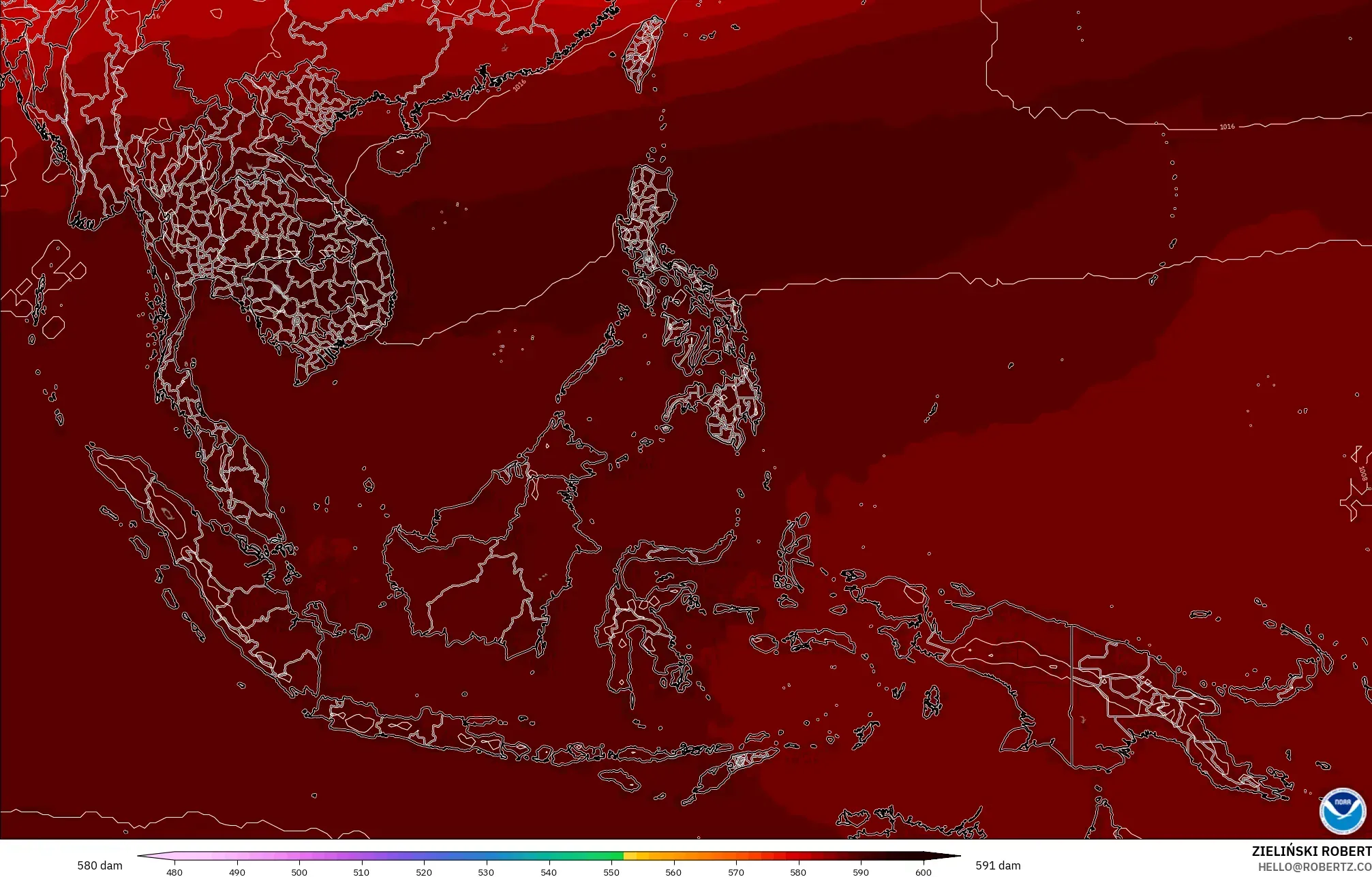 GFS modelo - Sudeste Asiático, Altura geopotencial a 500 hPa