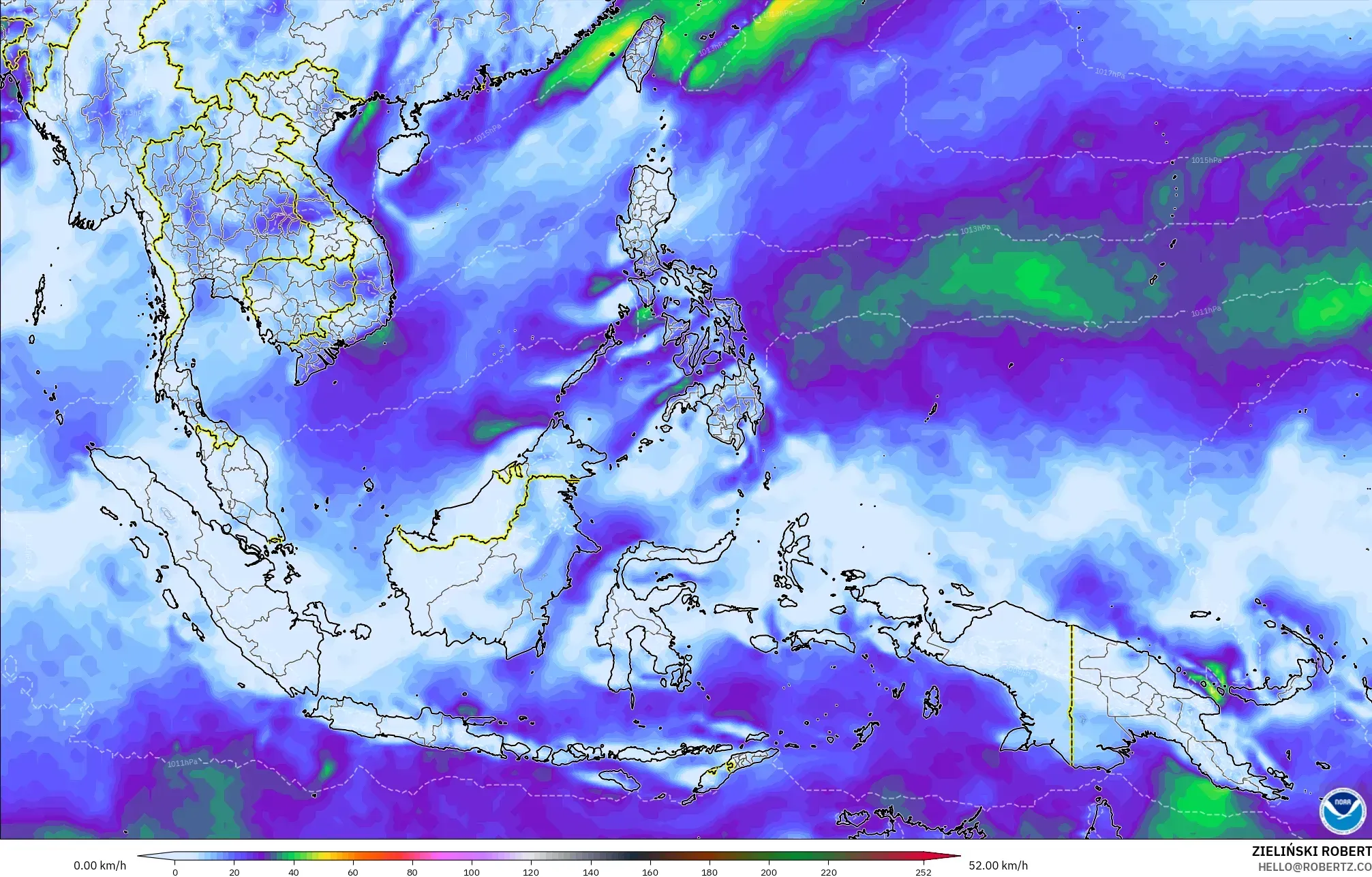 GFS modelo - Sudeste Asiático, Rajadas de vento