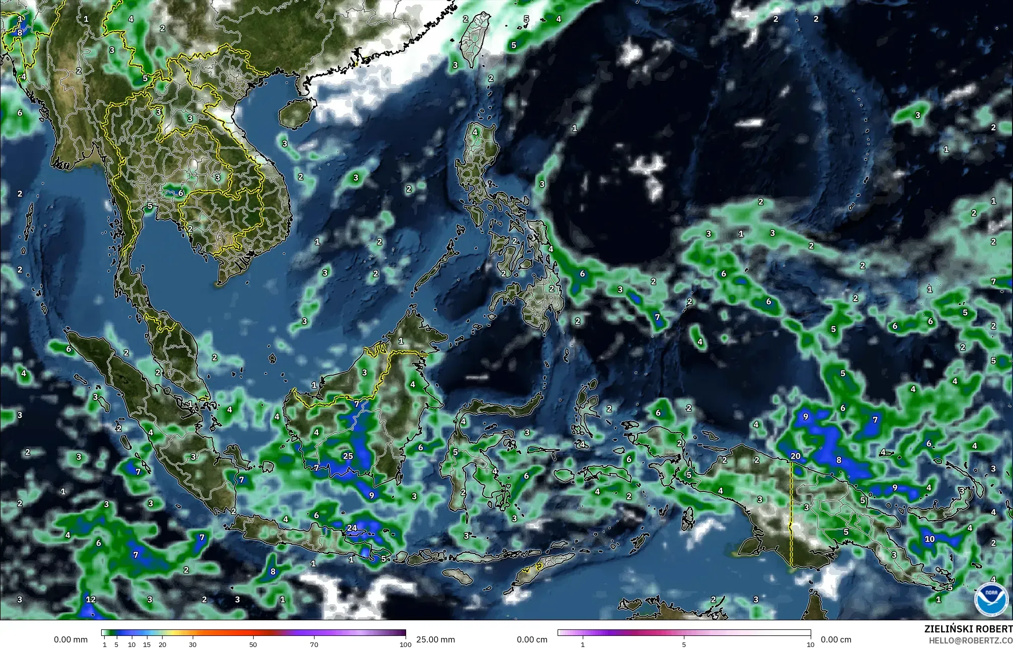 GFS modelo - Sudeste Asiático, Precipitação, nuvens e pressão