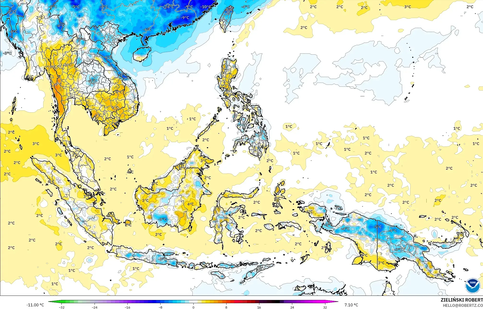 GFS modelo - Sudeste Asiático, Anomalia de temperatura a 2 m