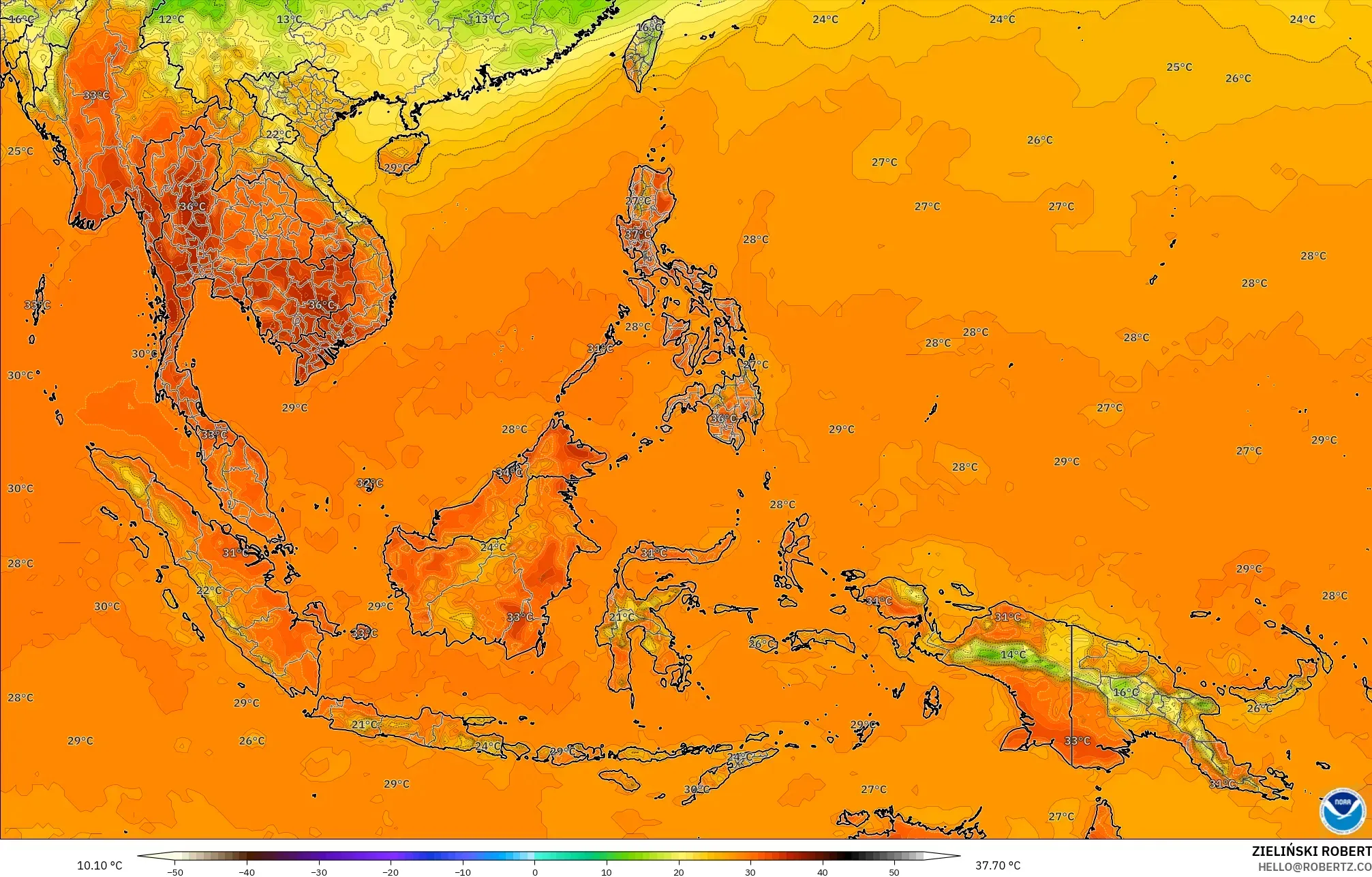 GFS modelo - Sudeste Asiático, Temperatura a 2 m