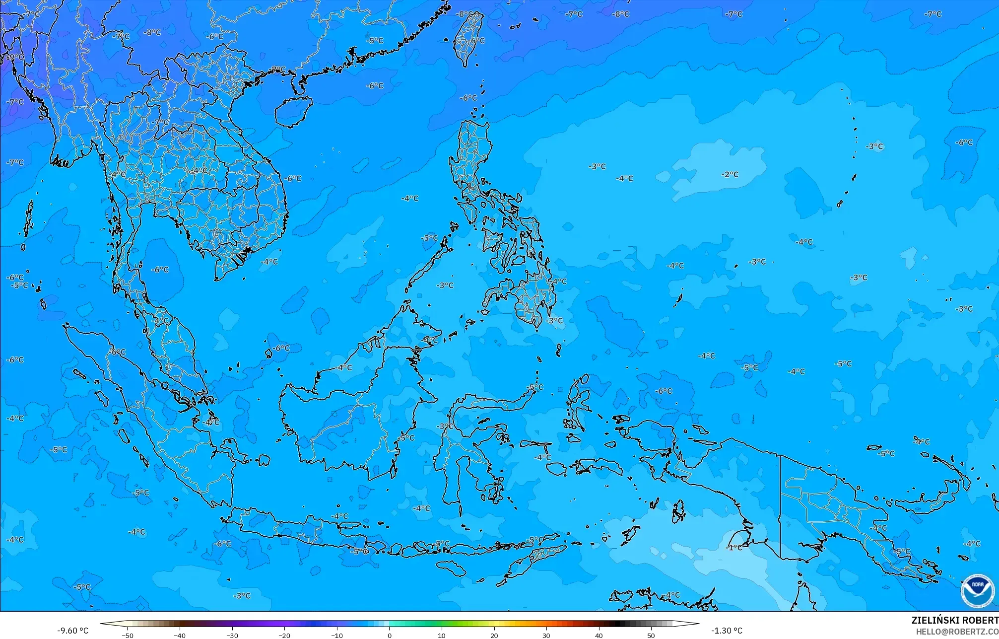 GFS modelo - Sudeste Asiático, Temperatura a 500 hPa