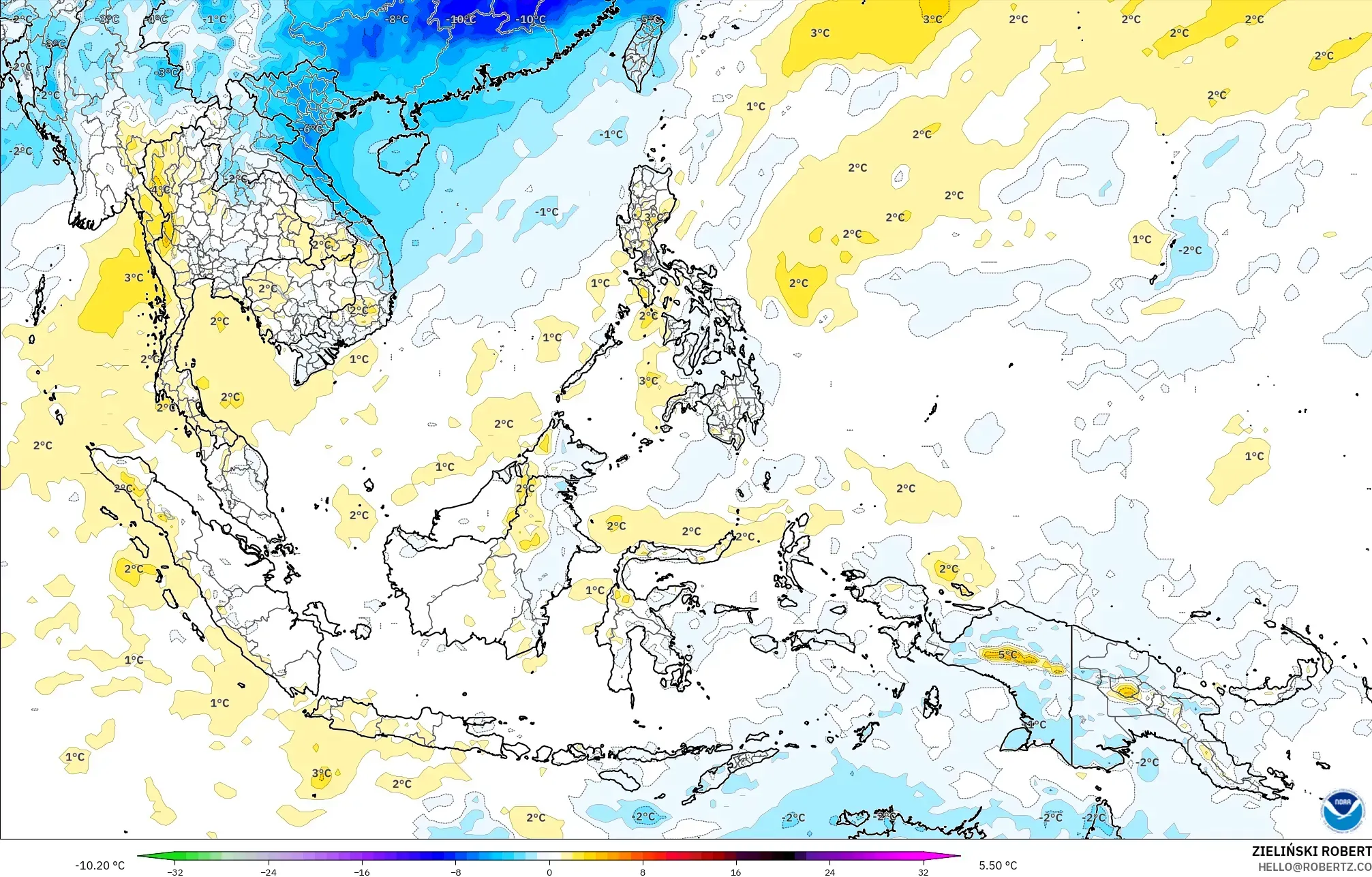 GFS modelo - Sudeste Asiático, Anomalia de temperatura a 850 hPa