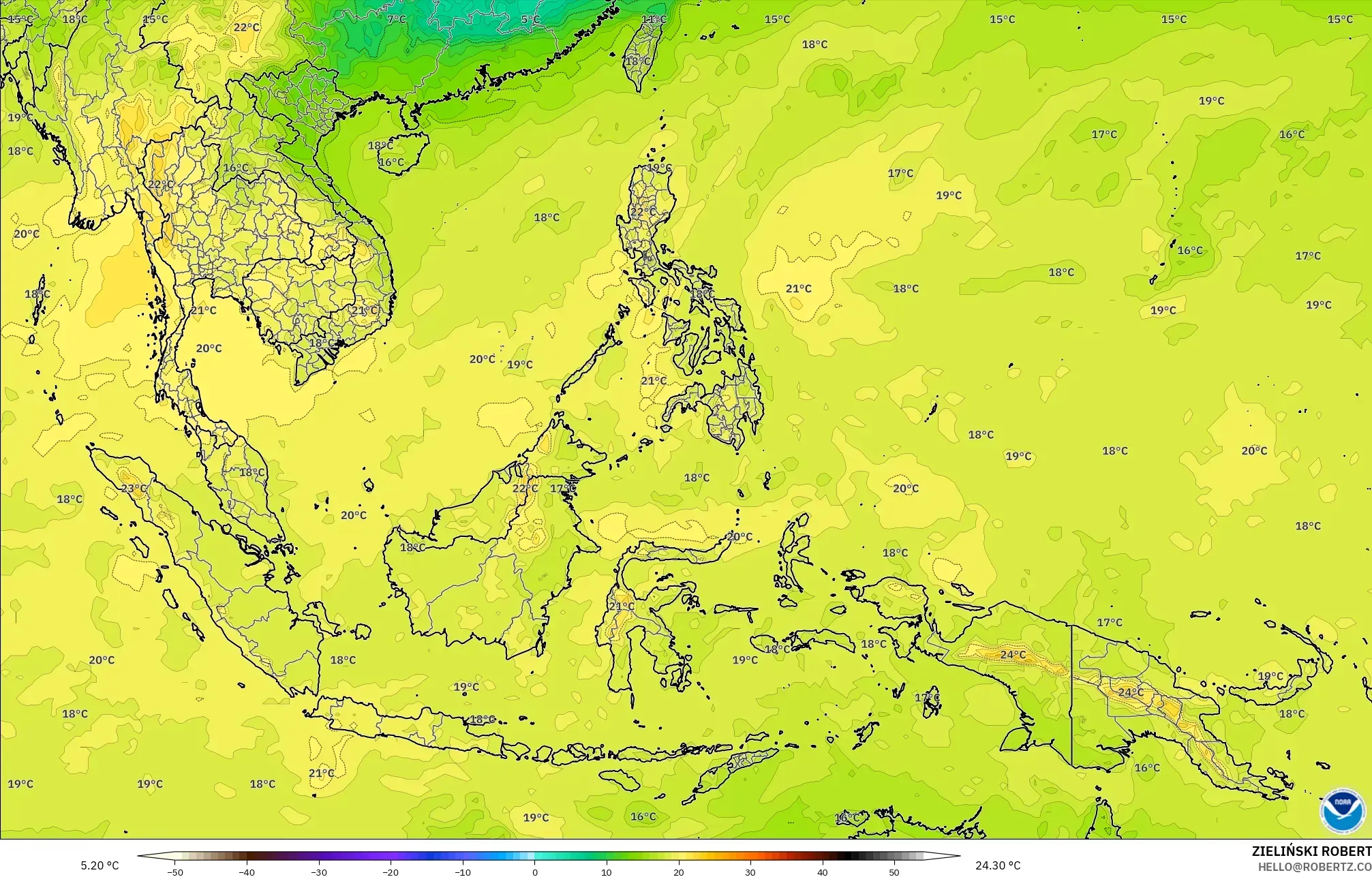 GFS modelo - Sudeste Asiático, Temperatura a 850 hPa