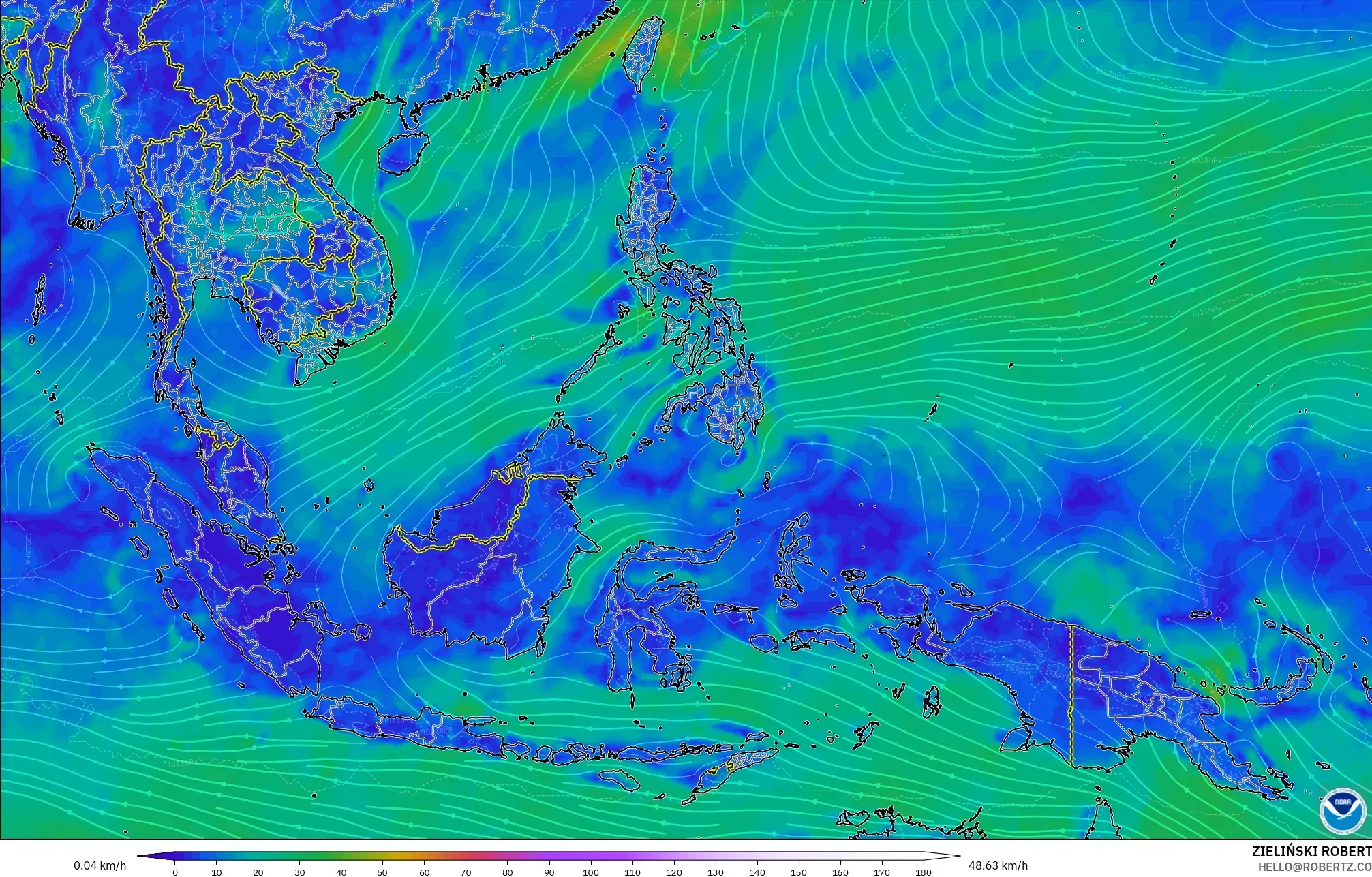 GFS modelo - Sudeste Asiático, Vento a 10 m