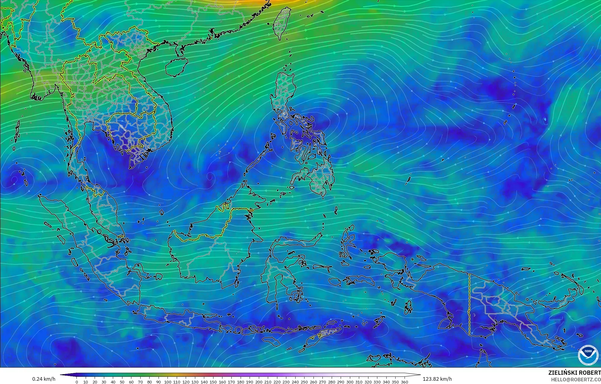 GFS modelo - Sudeste Asiático, Vento a 300 hPa (corrente em jato)