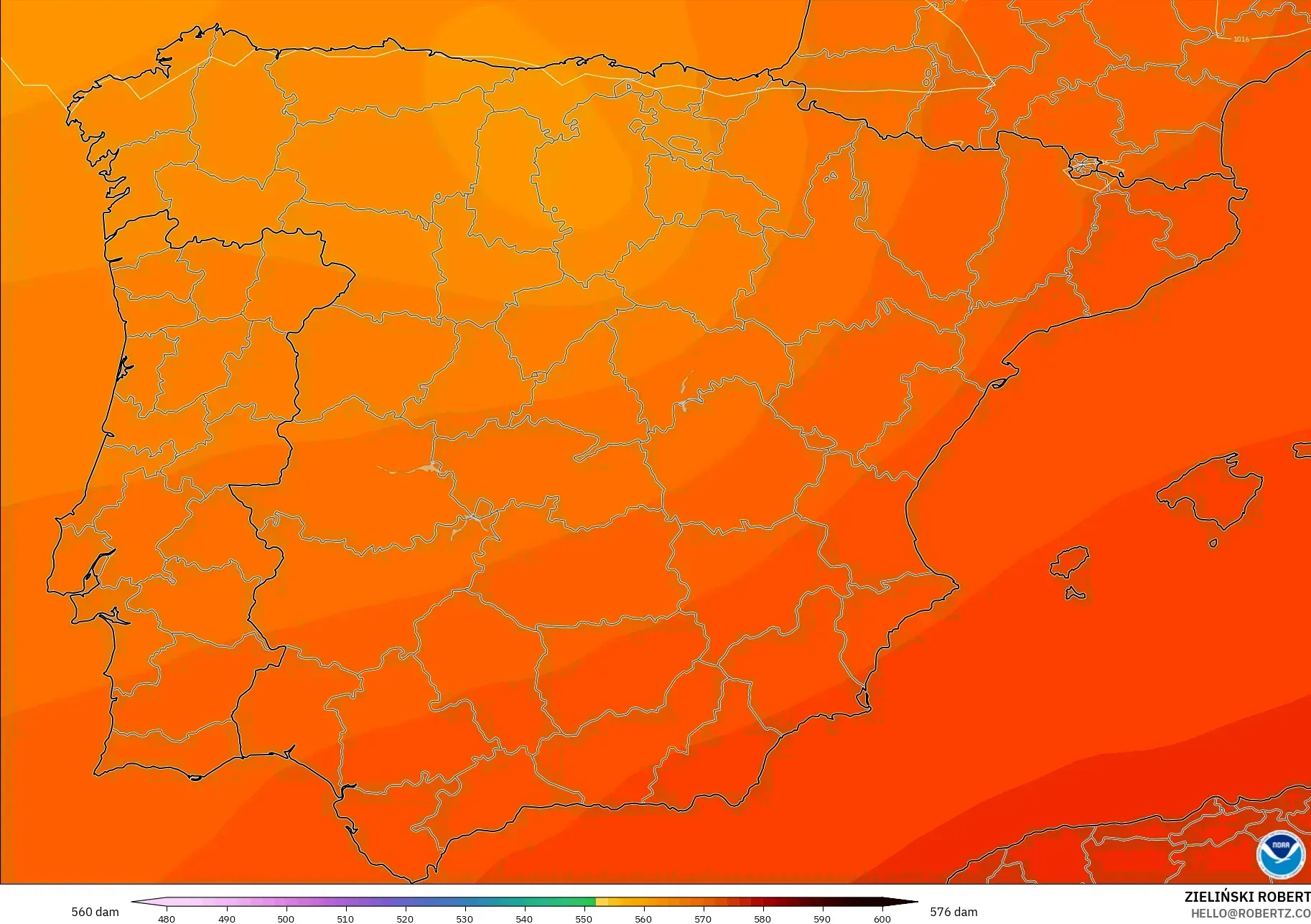 GFS modelo - Espanha, Altura geopotencial a 500 hPa