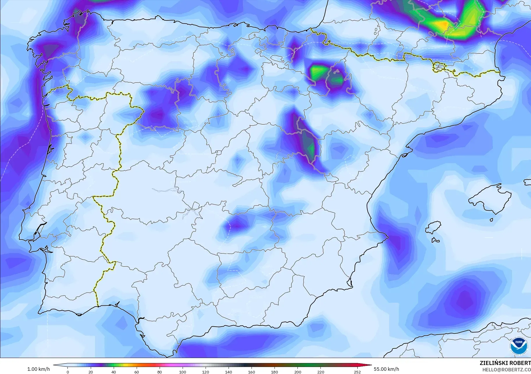 GFS modelo - Espanha, Rajadas de vento