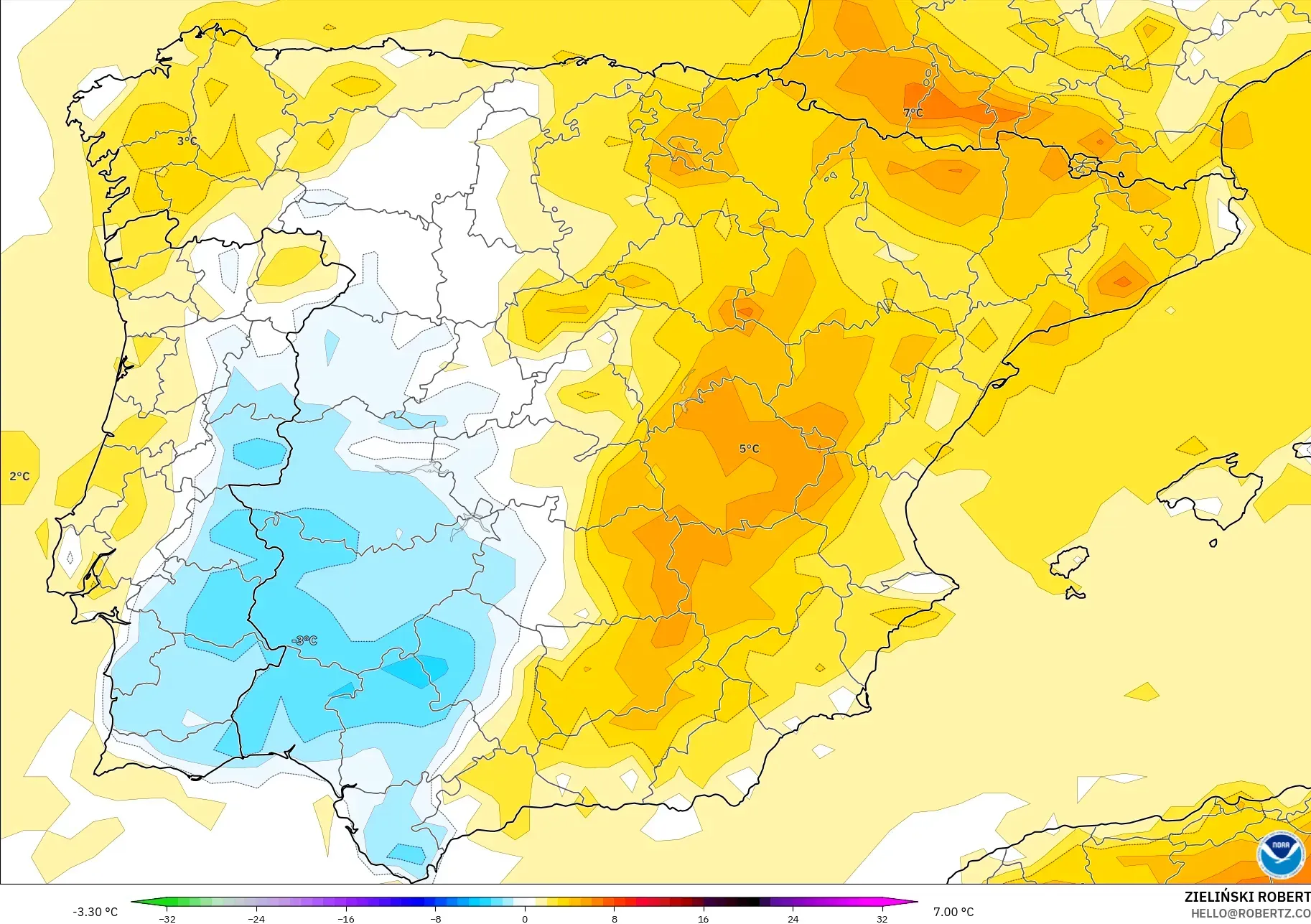 GFS modelo - Espanha, Anomalia de temperatura a 2 m