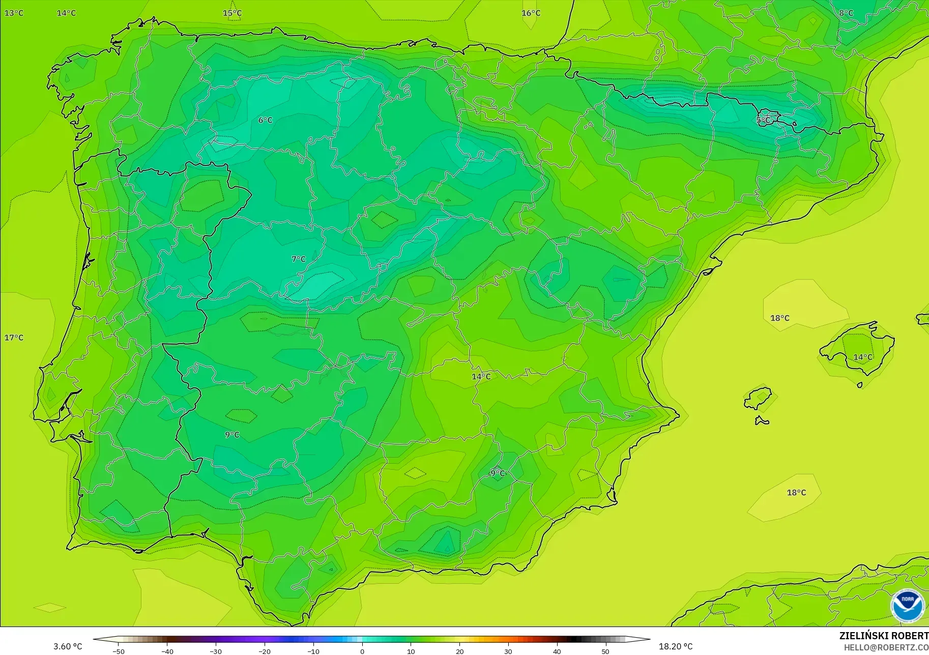 GFS modelo - Espanha, Temperatura a 2 m