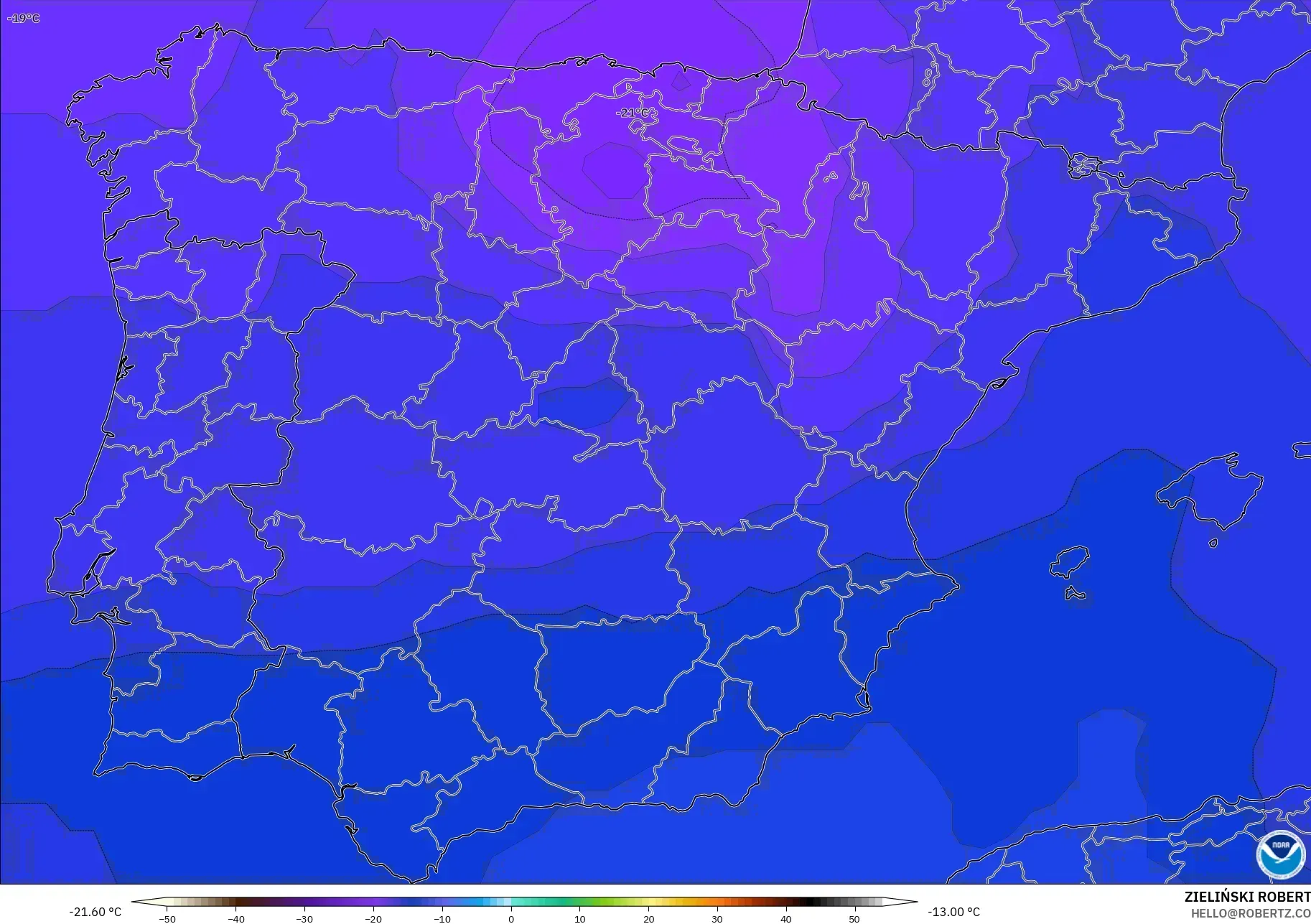 GFS modelo - Espanha, Temperatura a 500 hPa