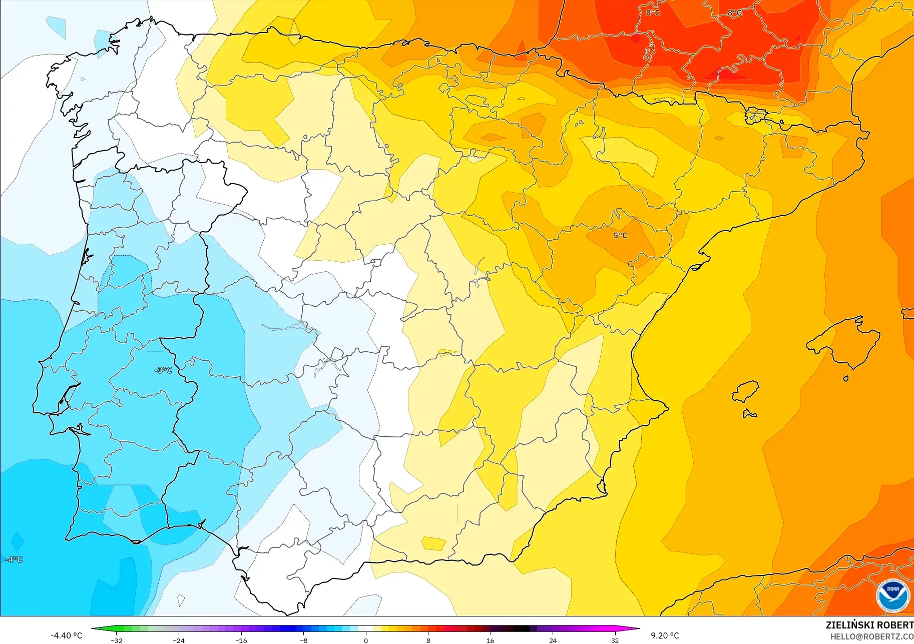 GFS modelo - Espanha, Anomalia de temperatura a 850 hPa