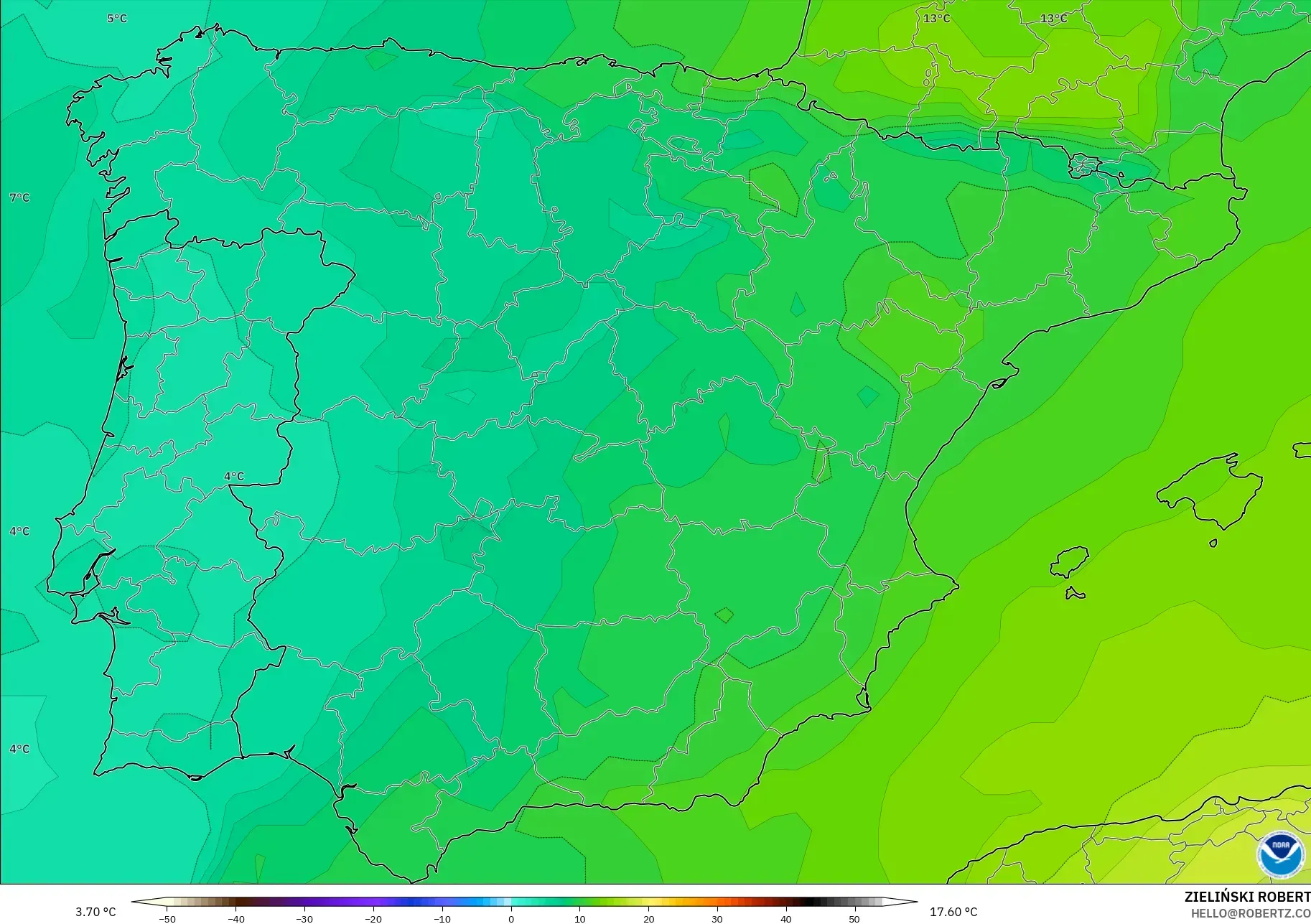 GFS modelo - Espanha, Temperatura a 850 hPa