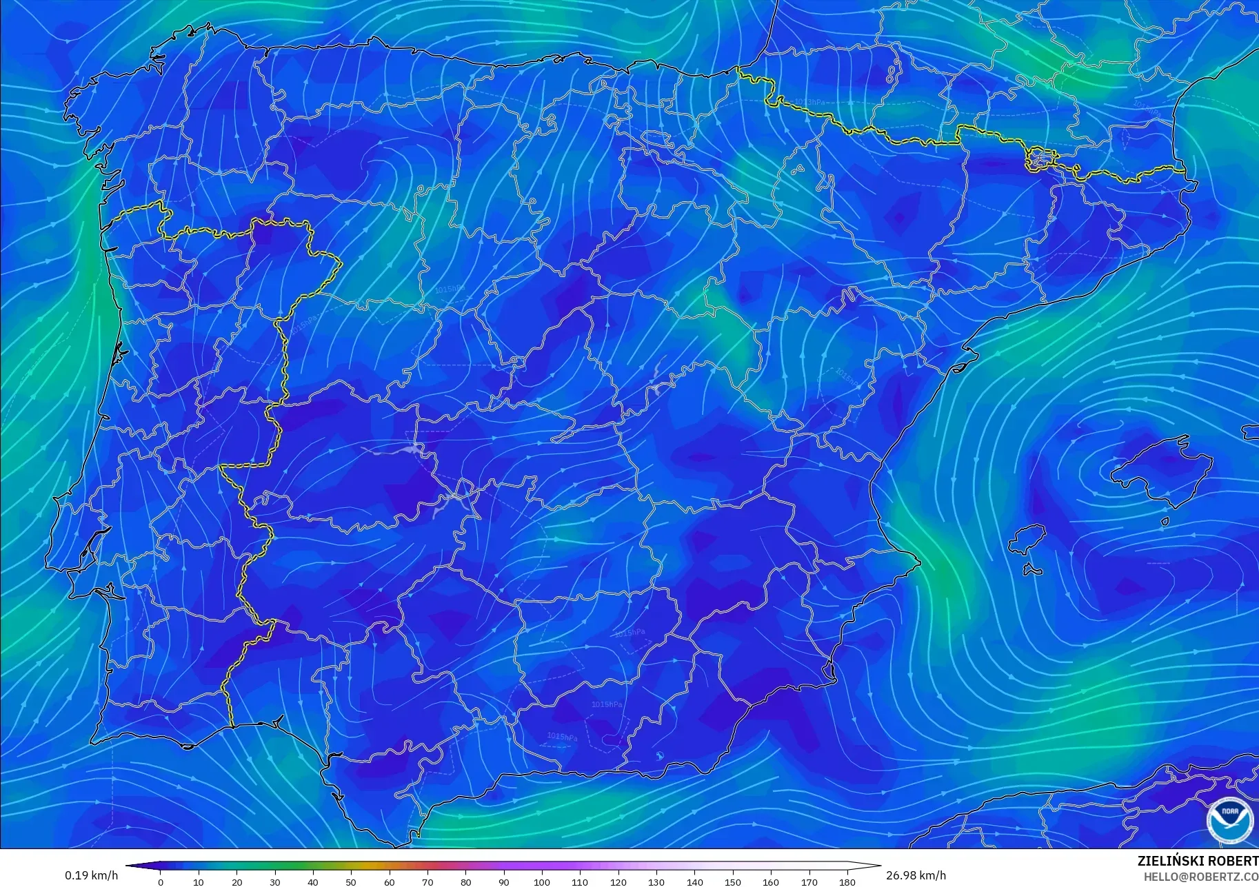 GFS modelo - Espanha, Vento a 10 m