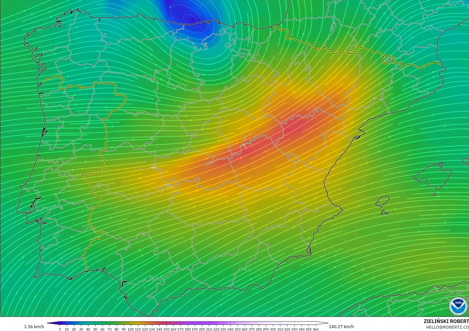 GFS modelo - Espanha, Vento a 300 hPa (corrente em jato)