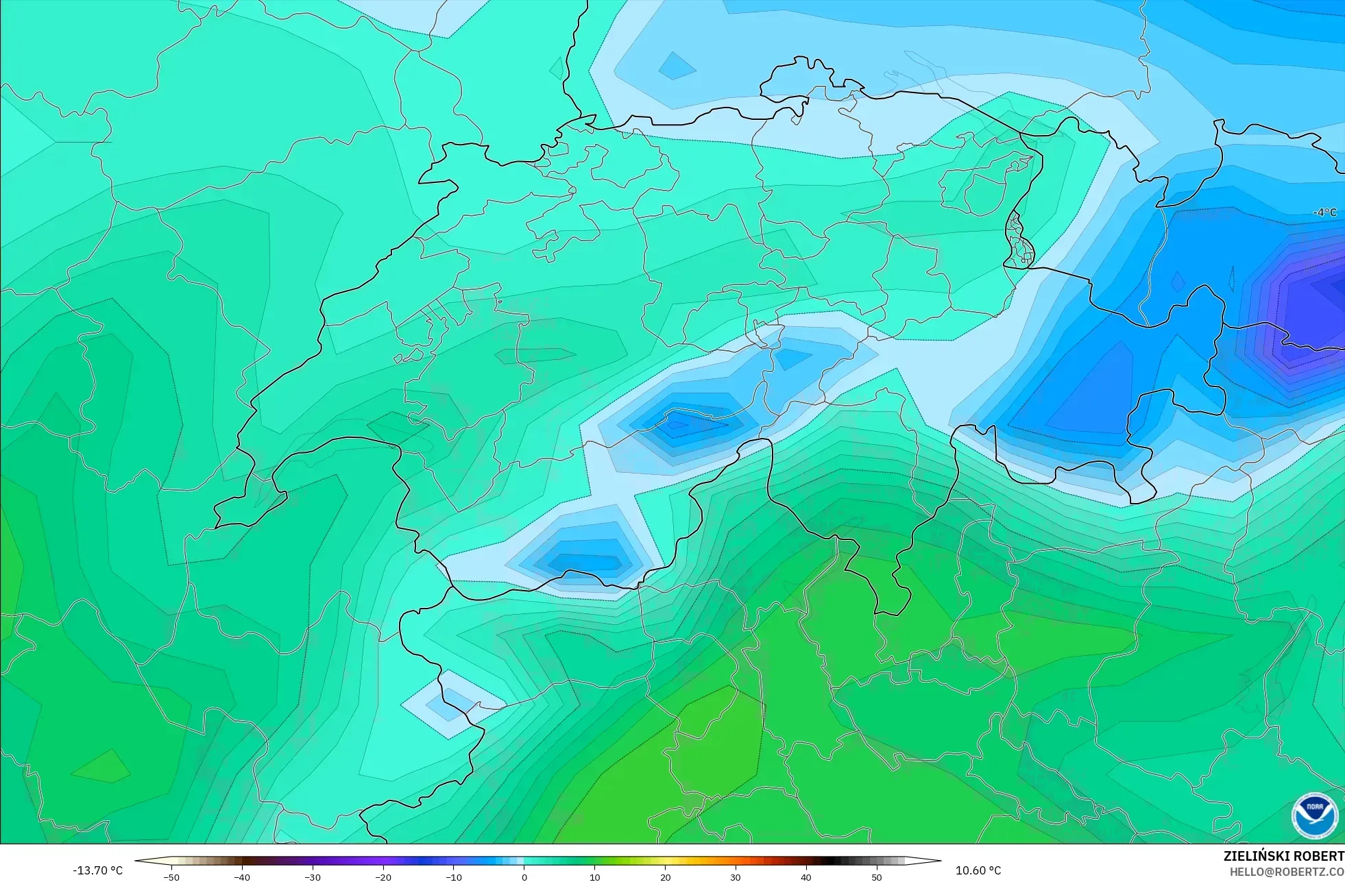 GFS modelo - Suíça, Ponto de orvalho a 2 m