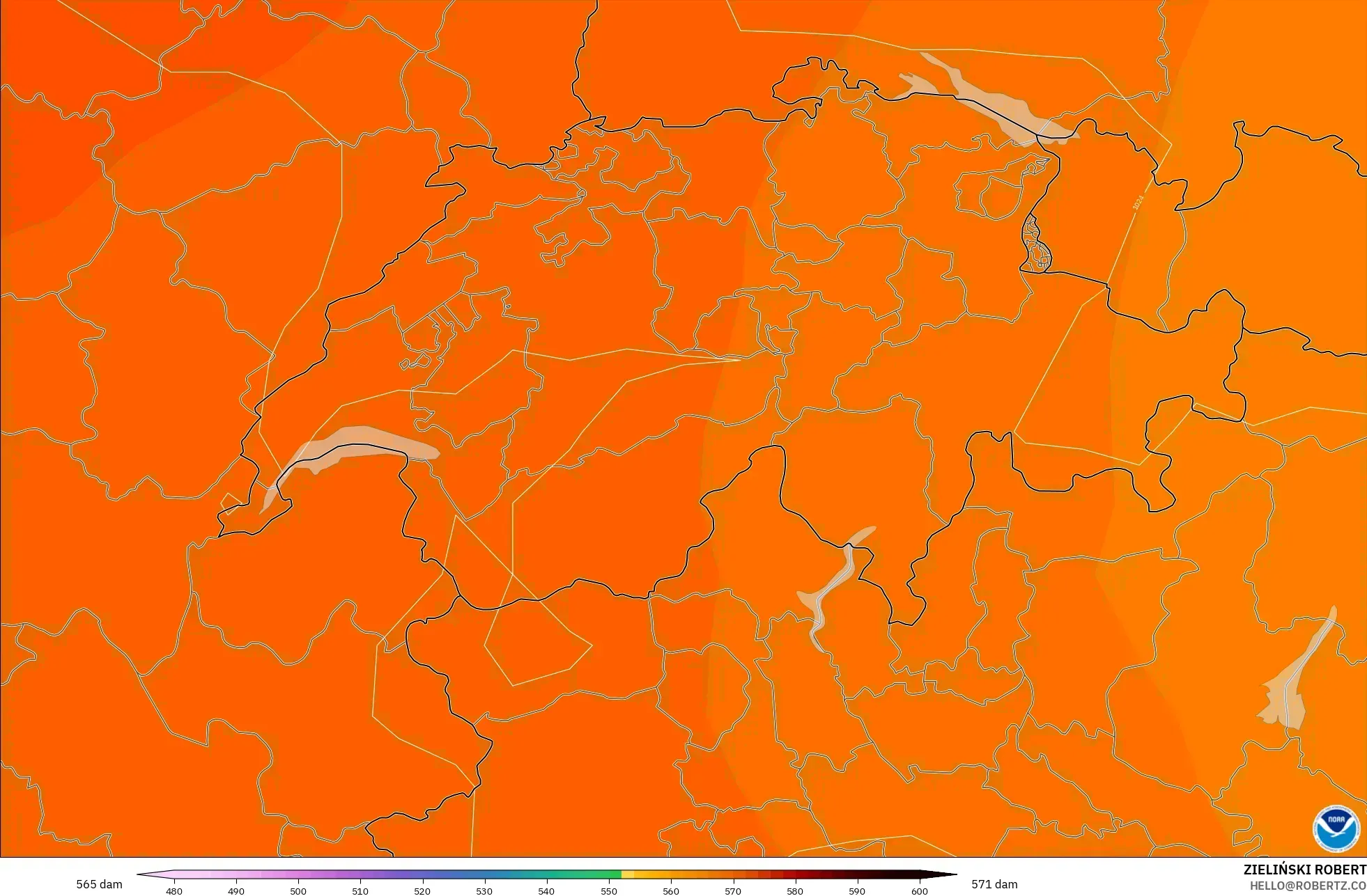 GFS modelo - Suíça, Altura geopotencial a 500 hPa