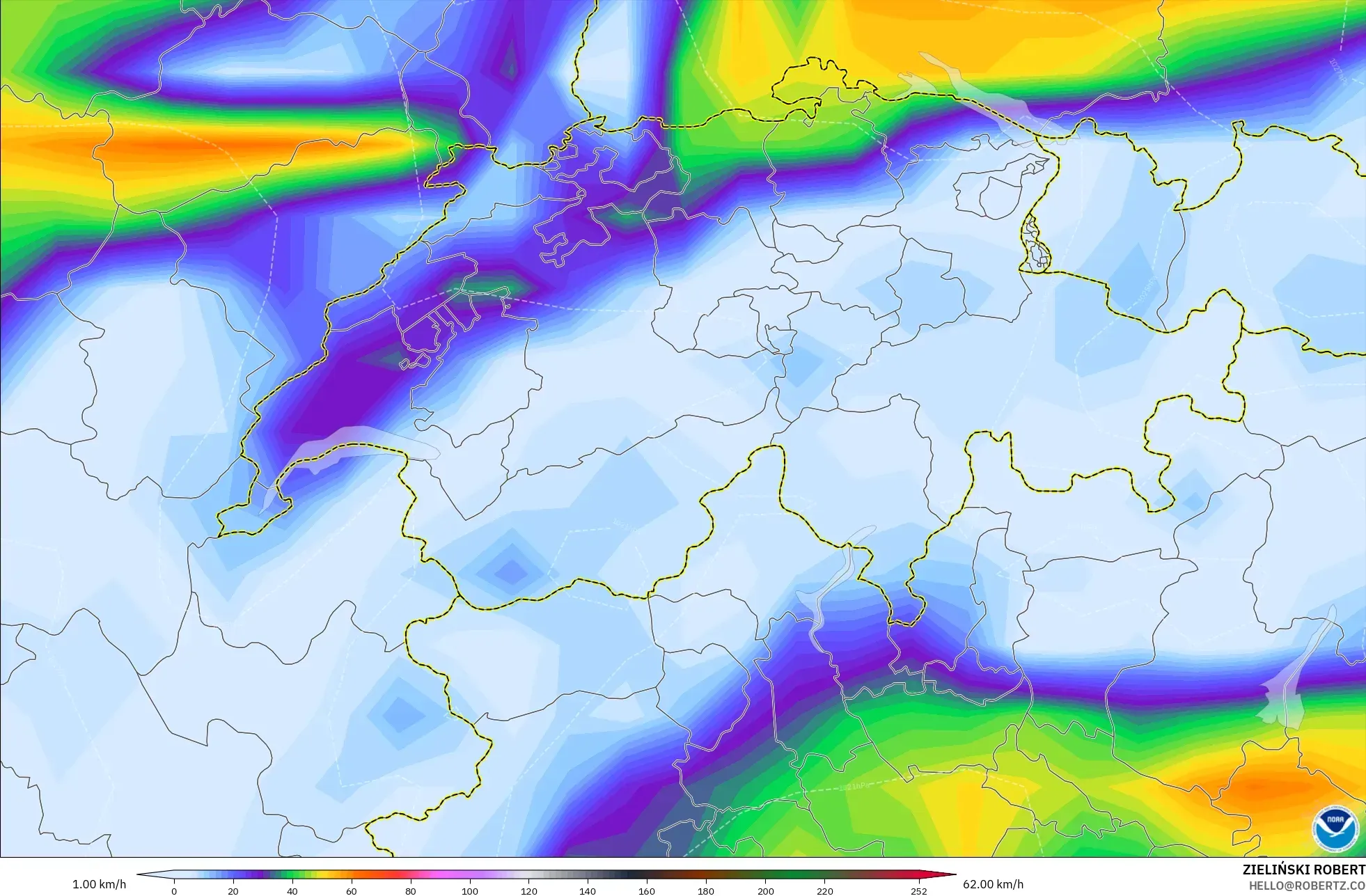 GFS modelo - Suíça, Rajadas de vento