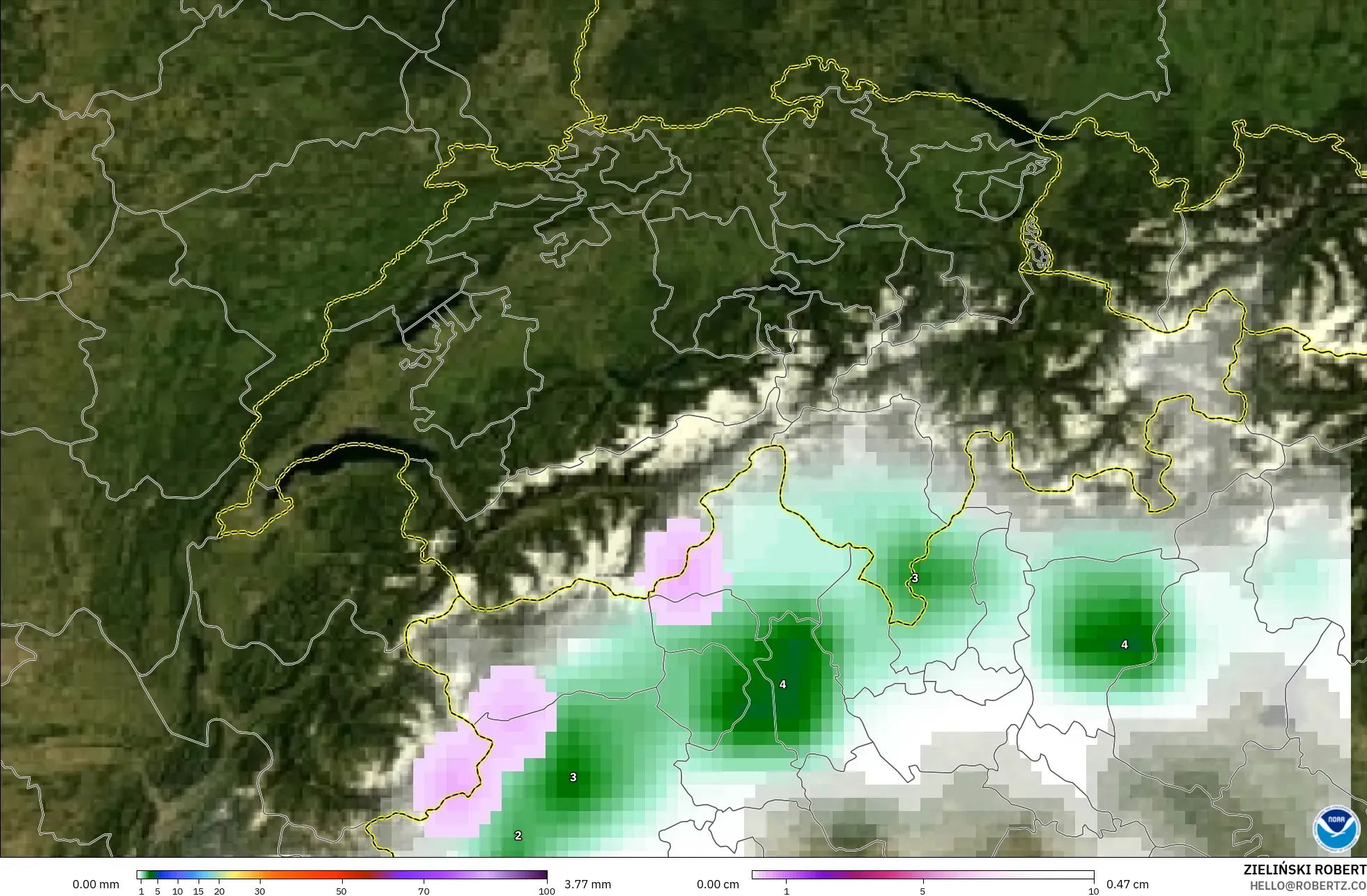 GFS modelo - Suíça, Precipitação, nuvens e pressão
