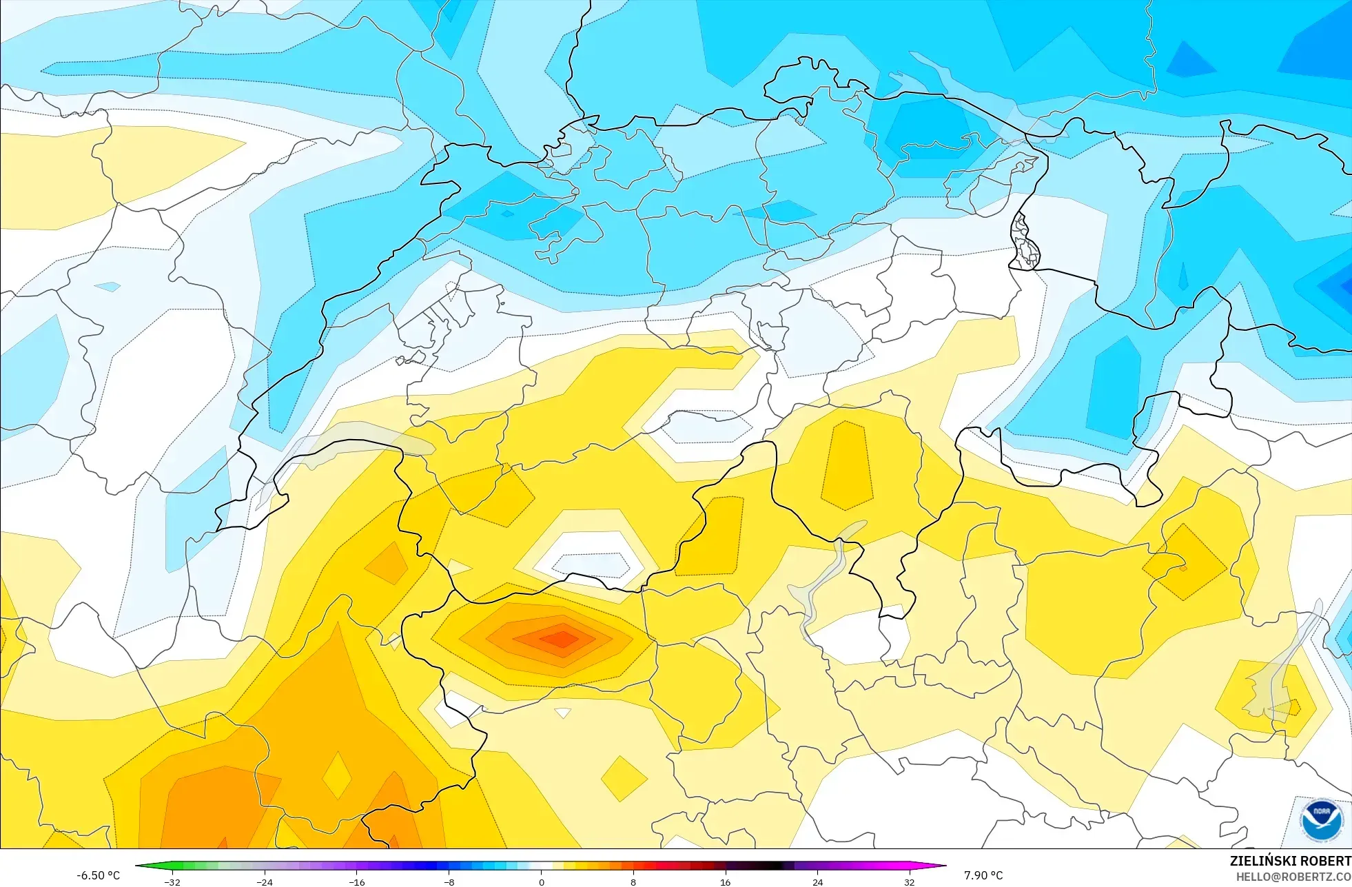 GFS modelo - Suíça, Anomalia de temperatura a 2 m
