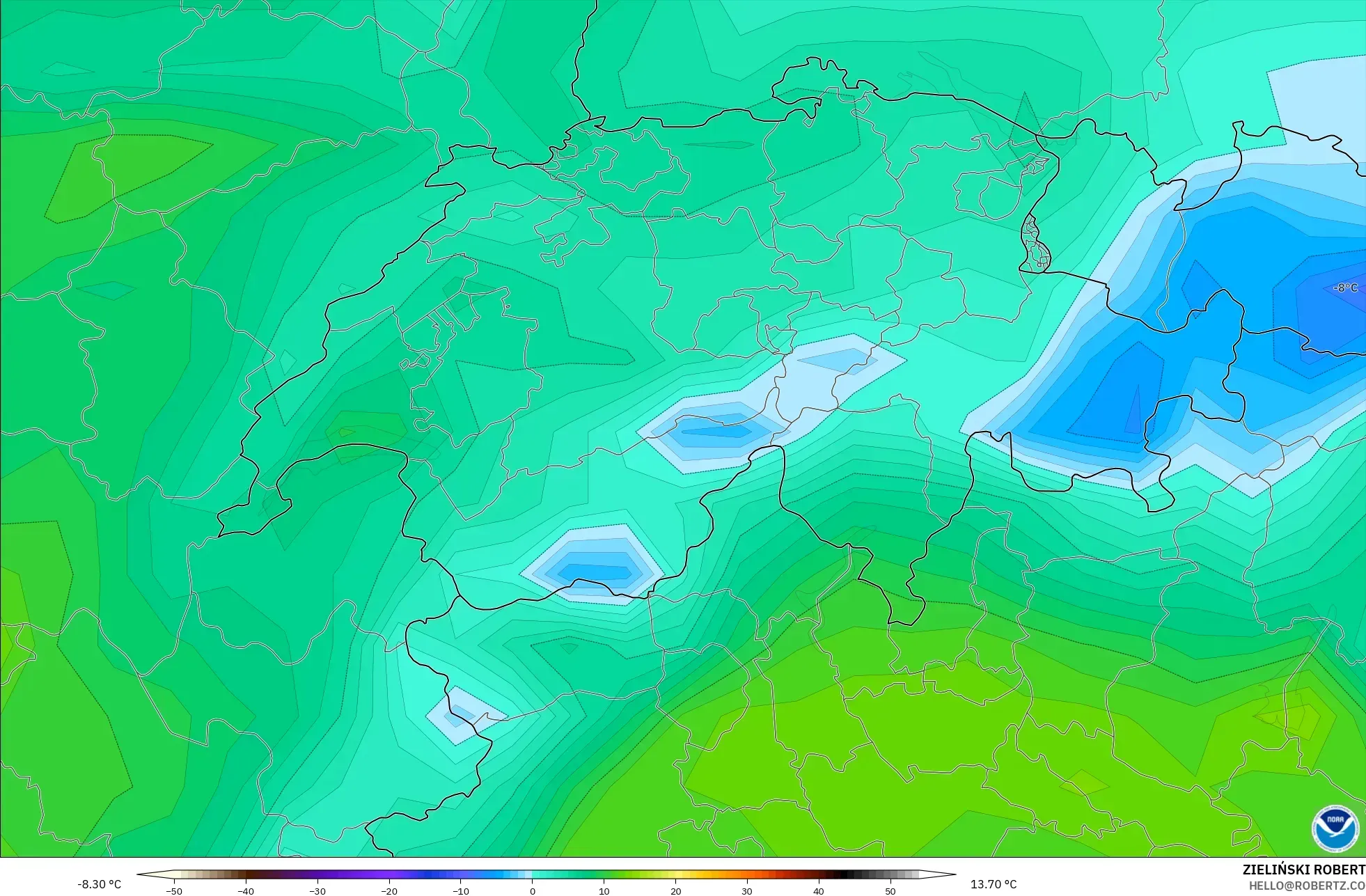 GFS modelo - Suíça, Temperatura a 2 m