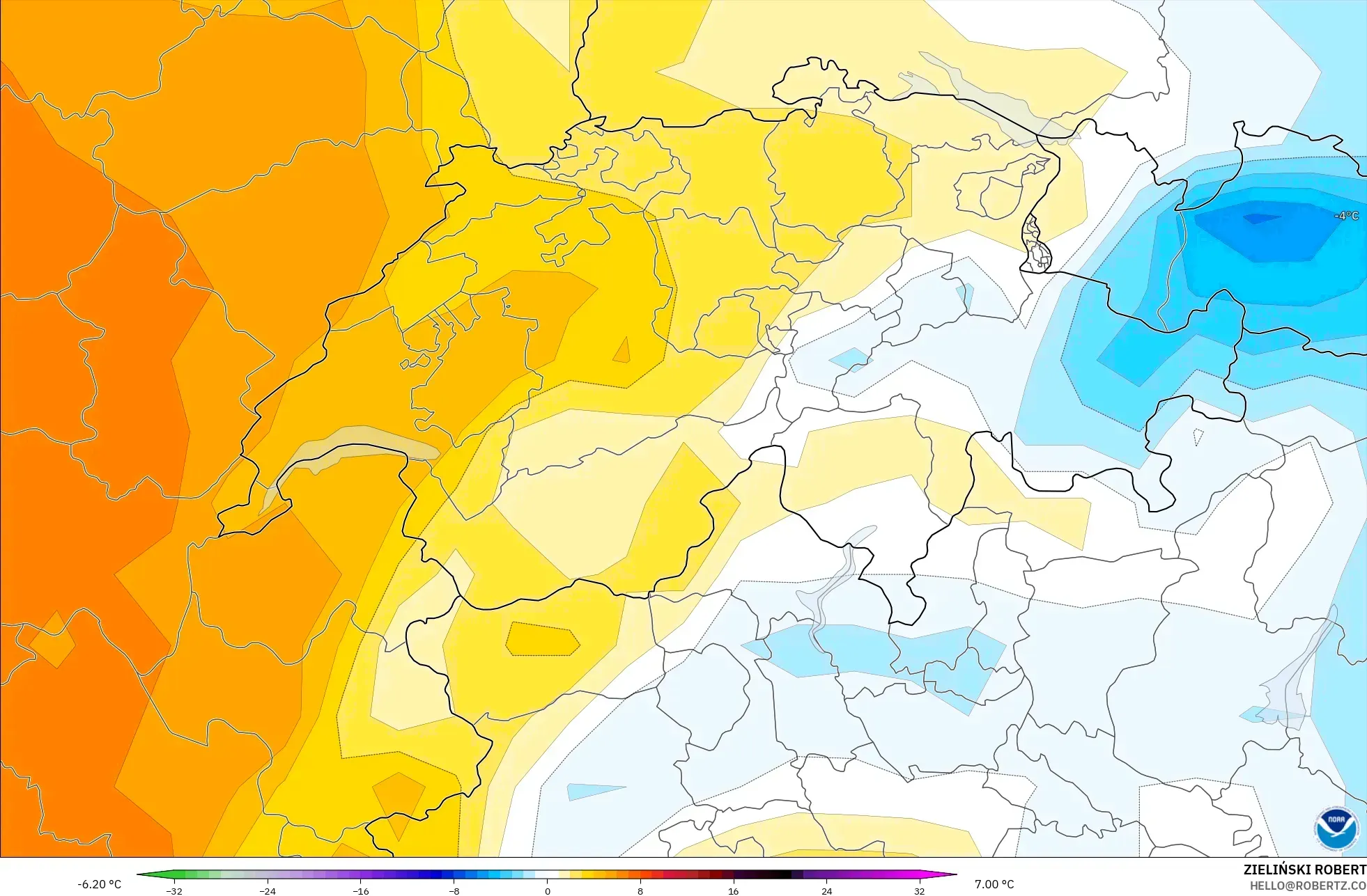 GFS modelo - Suíça, Anomalia de temperatura a 850 hPa