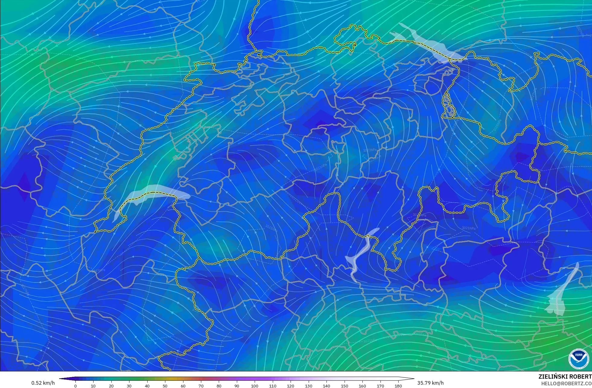 GFS modelo - Suíça, Vento a 10 m